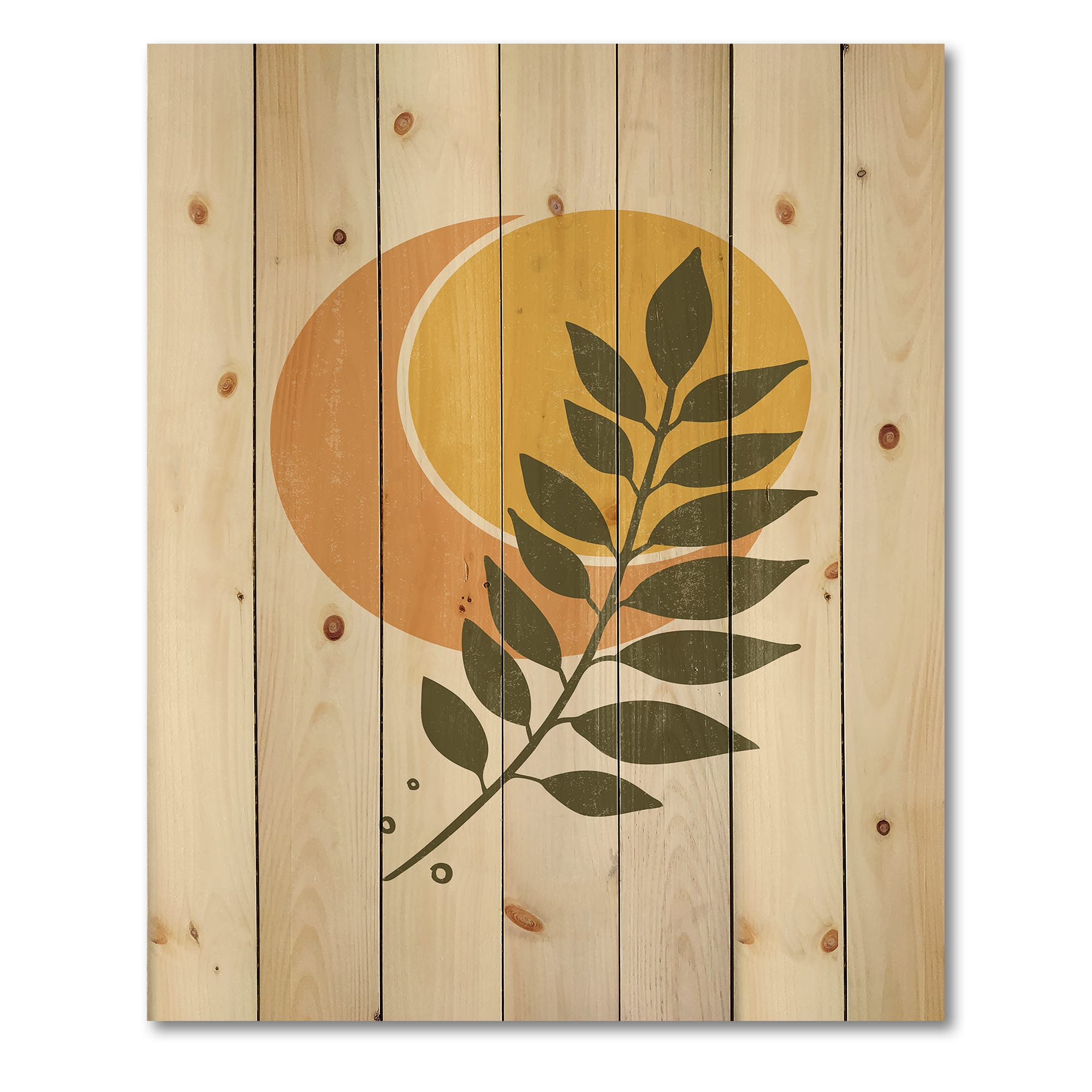 Designart - Abstract Geometrical Sun and Moon With Leaf V - Modern Print on Natural Pine Wood