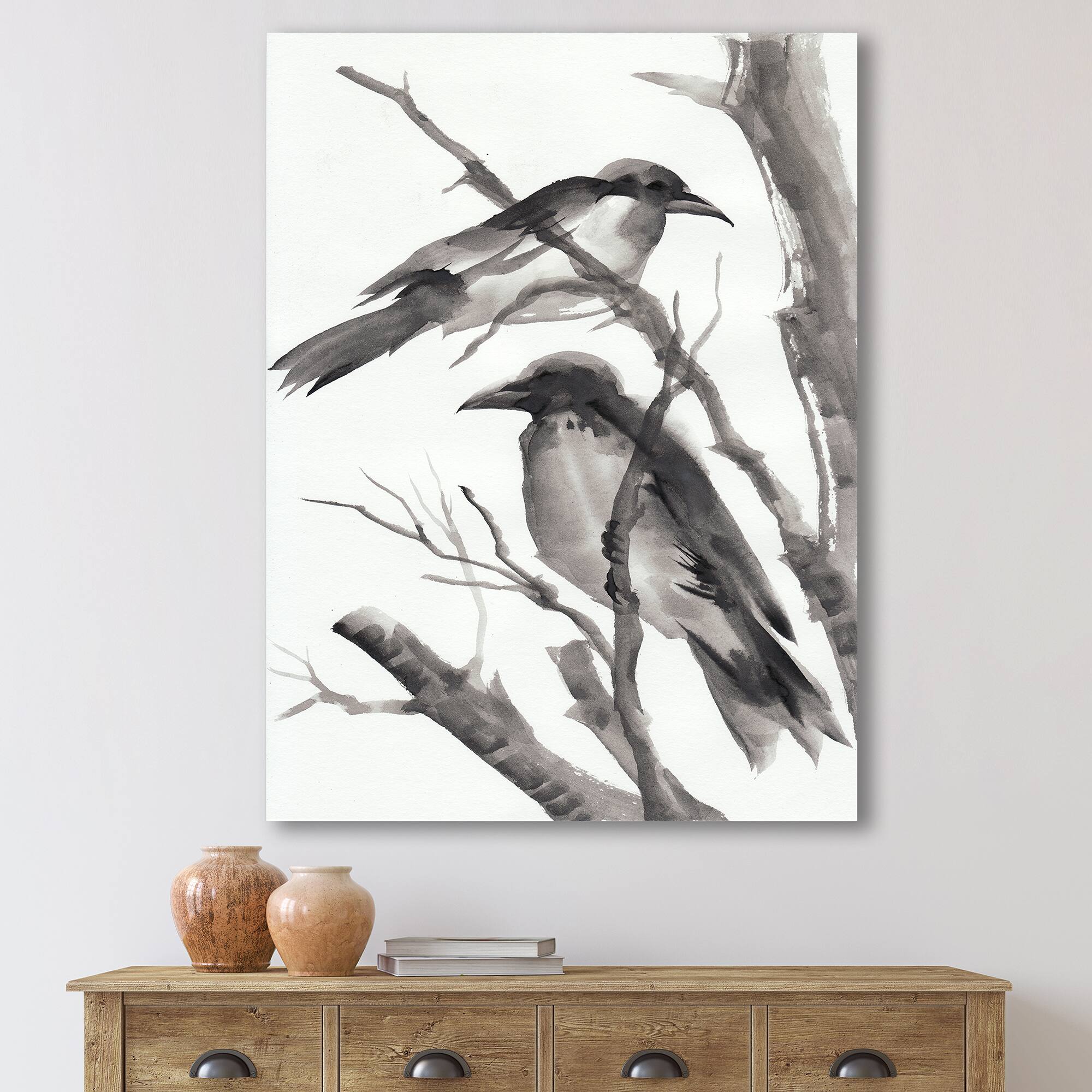 Designart - Vintage Monochrome Sleeping Crows - Traditional Canvas Wall Art Print