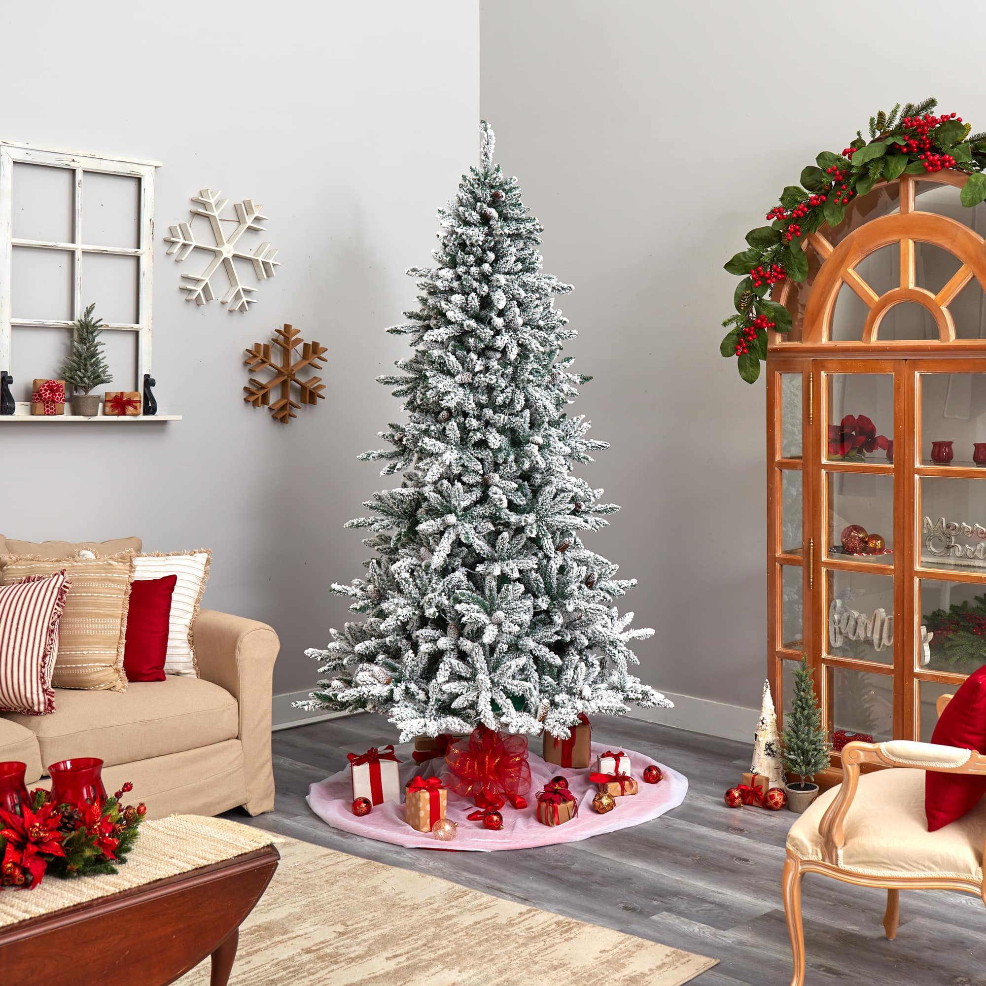 8ft. Pre-Lit Flocked Livingston Fir Artificial Christmas Tree with Pinecones, Clear LED Lights