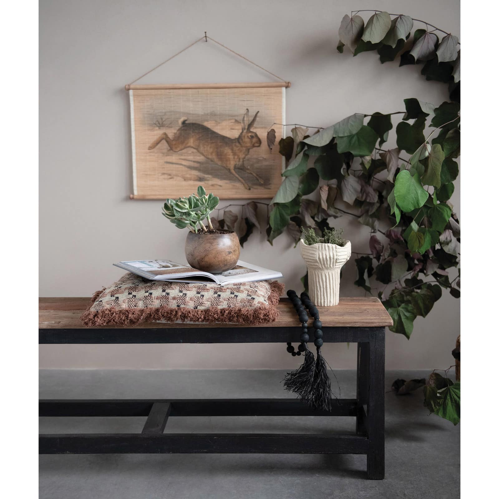 Hello Honey® 45" Black Acacia Wood Bead Garland with Raffia Tassel