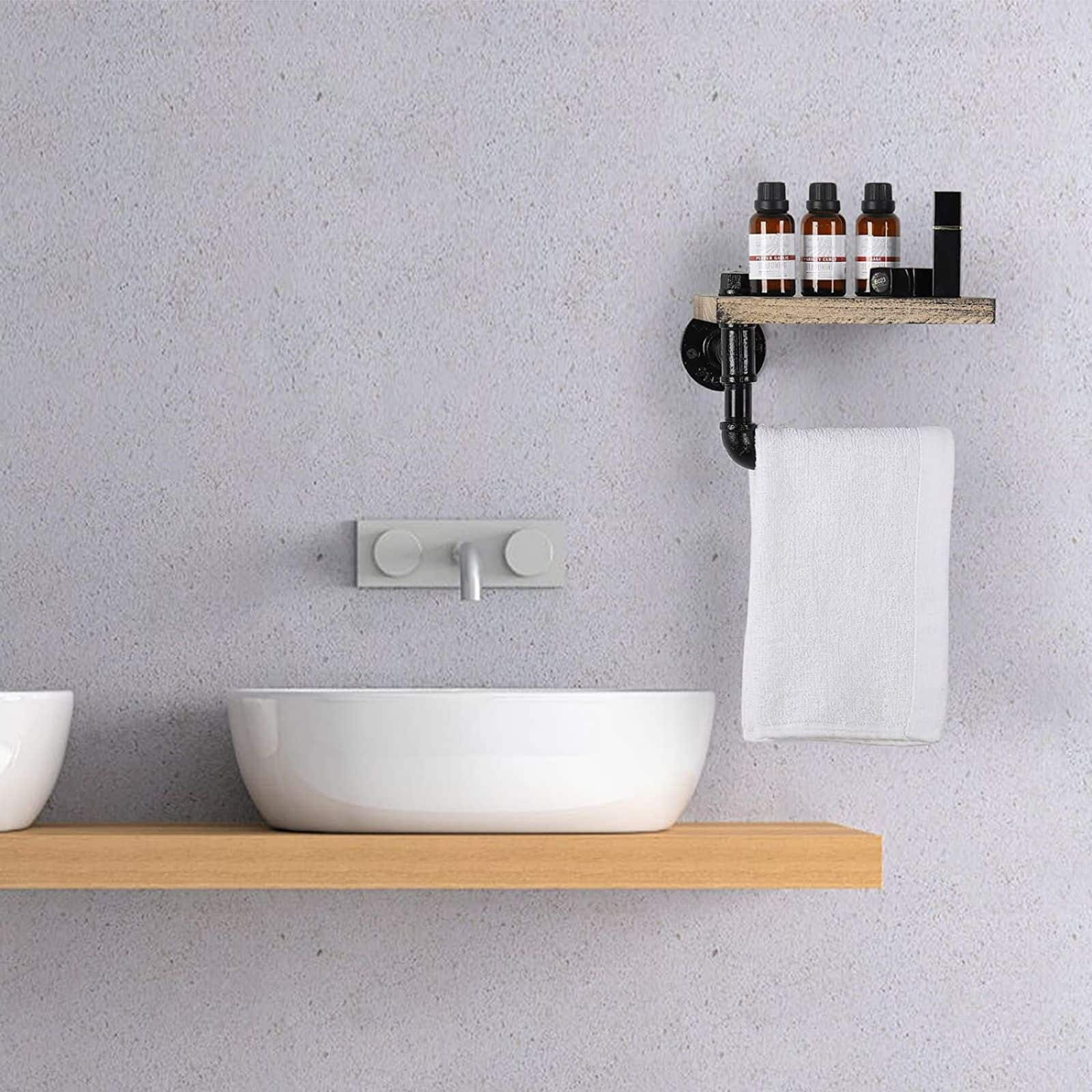 Rustic Brown Industrial Wall-Mounted Toilet Paper Holder with Wood Shelf