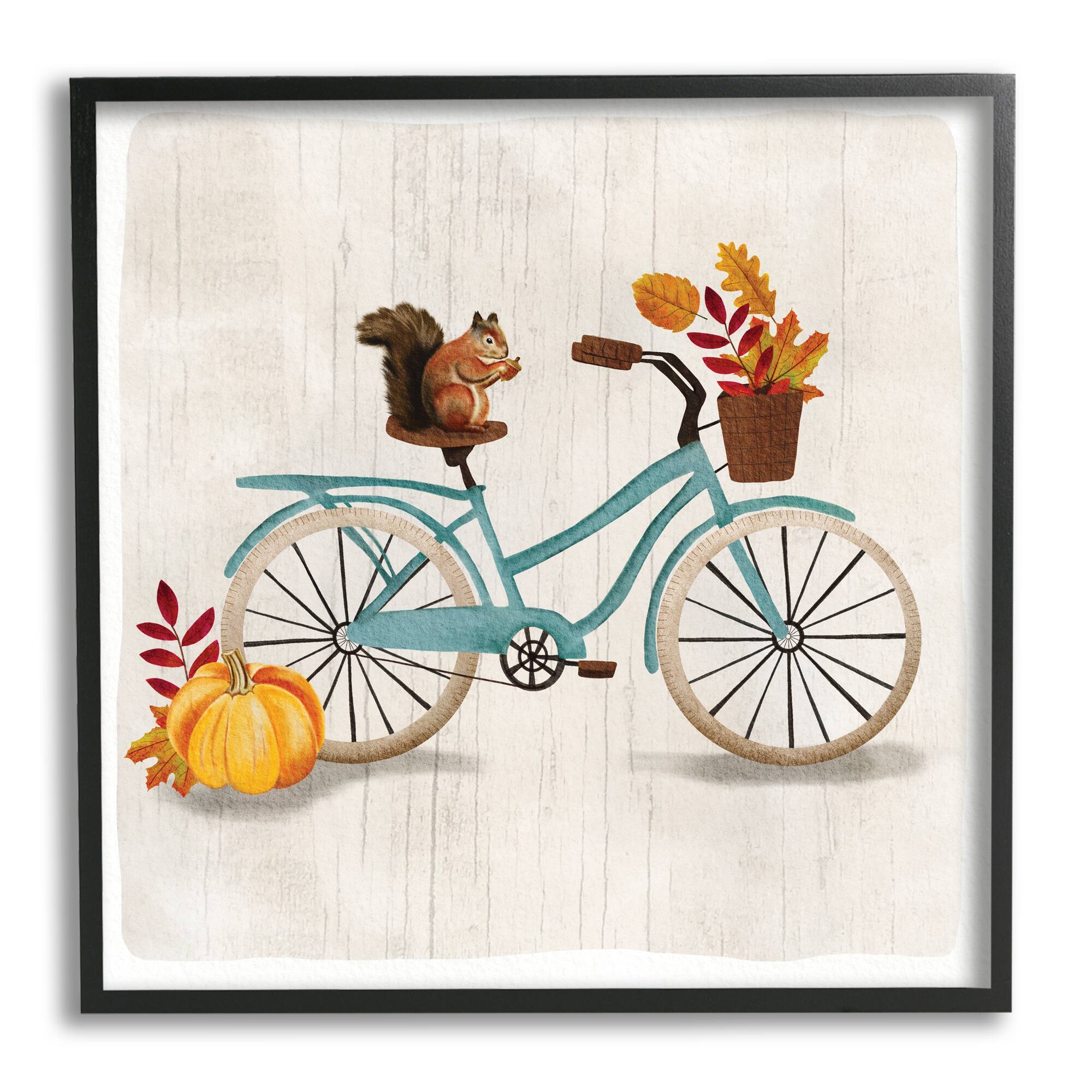 Stupell Industries Squirrel on Blue Bicycle Autumn Foliage Basket in Black Frame Wall Art