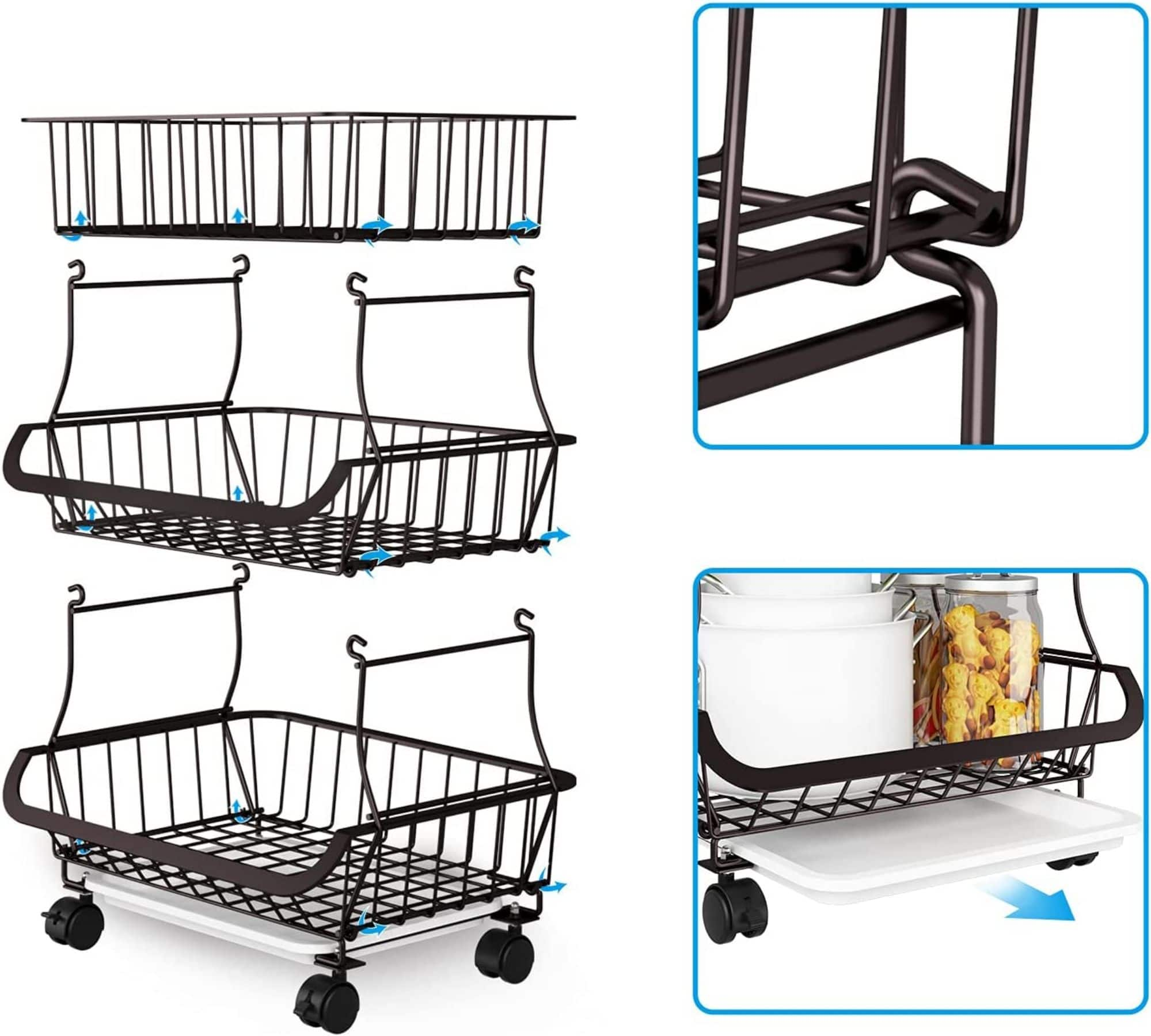 Black 3-Tier Rolling Stackable Utility Cart