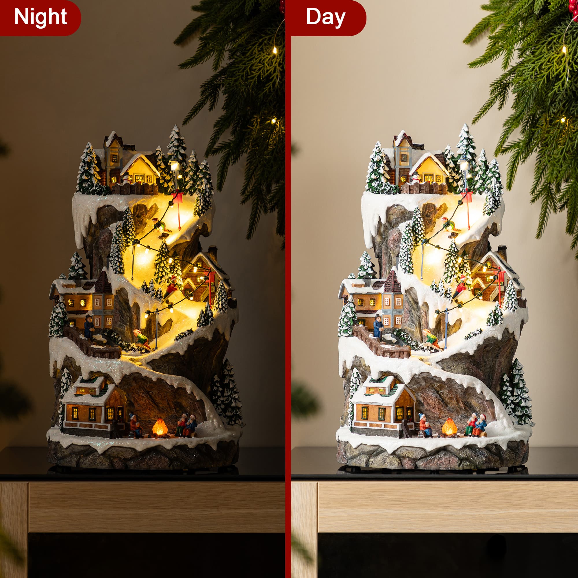 Glitzhome&#xAE; 15.5&#x22; Lighted Christmas Skiing Moutain Resin Village with Movement and Music