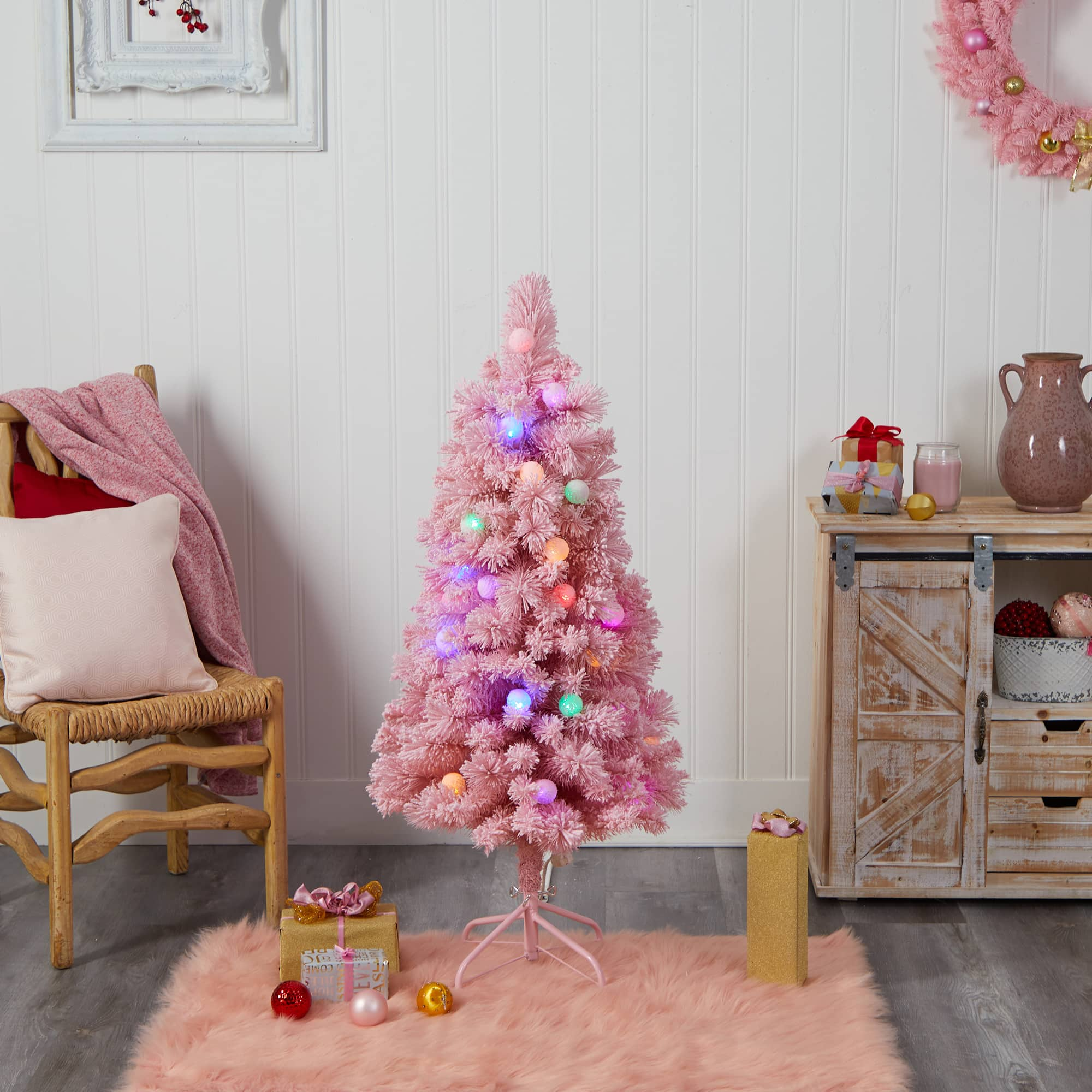 4ft. Pre-Lit Frosted Pink Cashmere Artificial Christmas Tree, Multicolor LED Lights