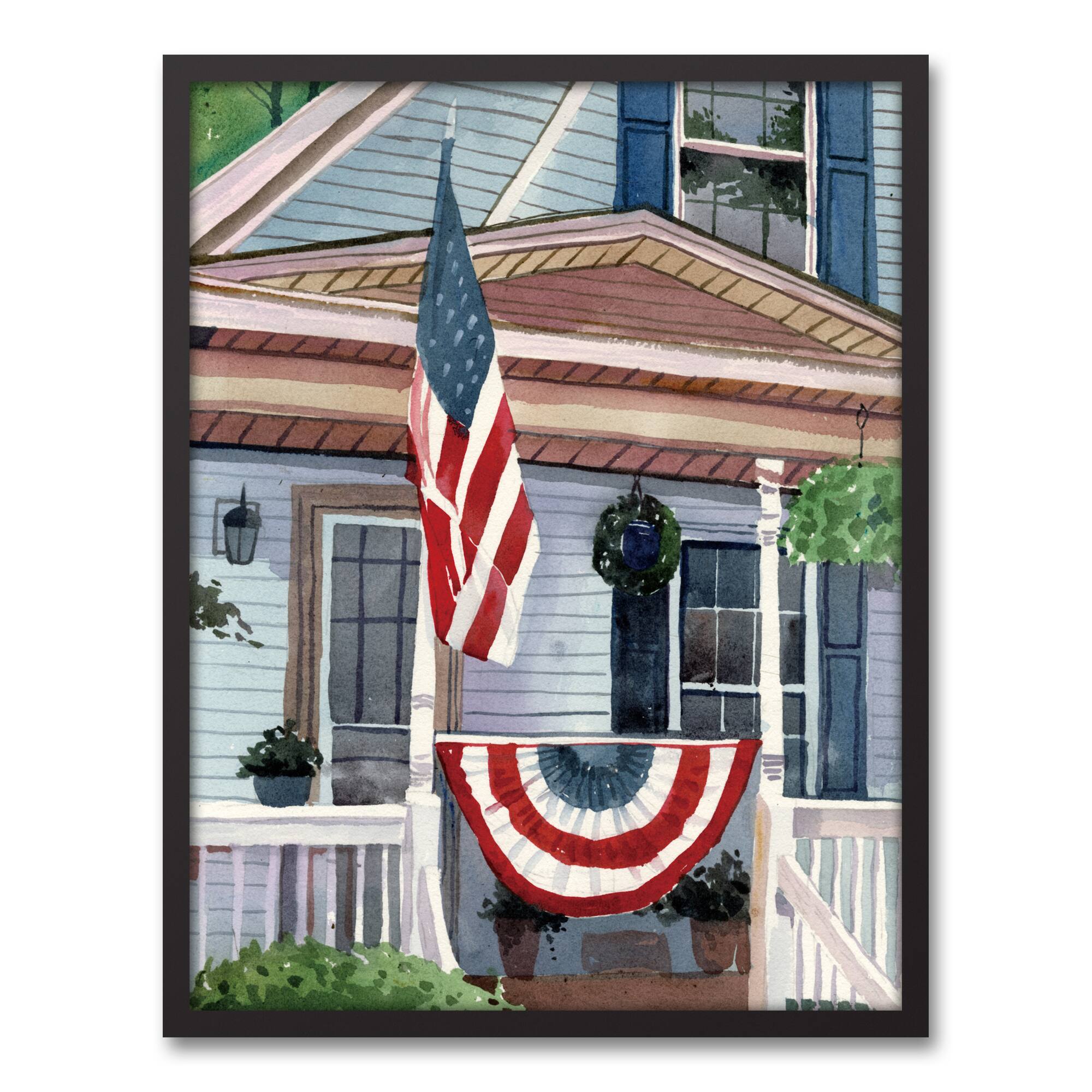 Patriotic Flag Porch Black Framed Canvas