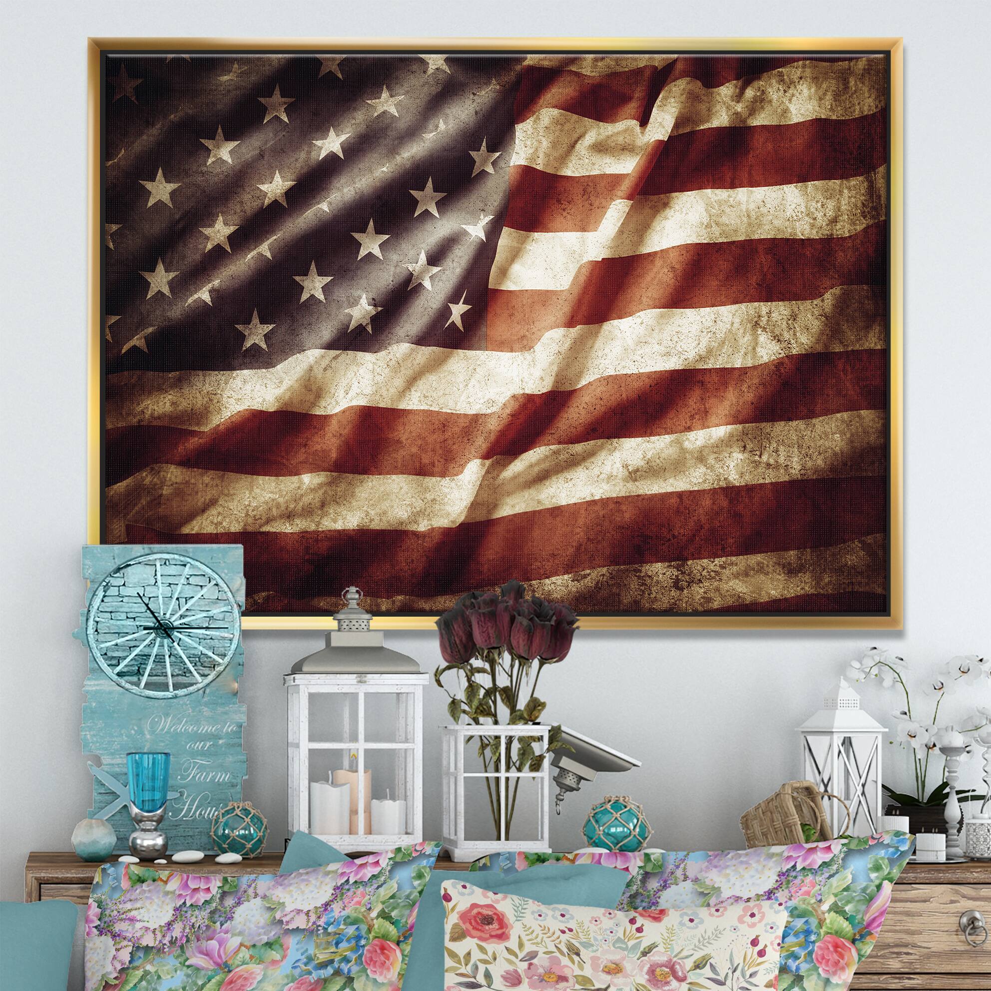 Designart - American Flag - Contemporary Framed Canvas Art Print