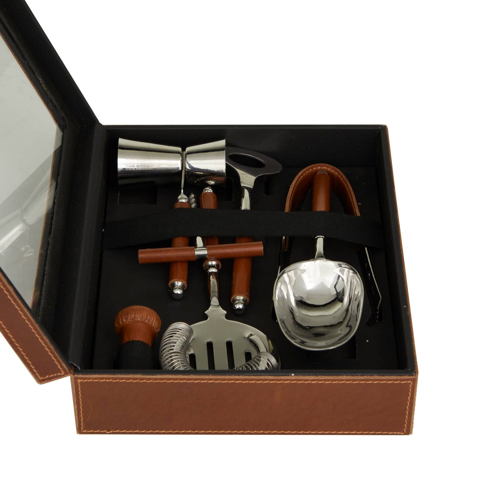 The Novogratz Brown Modern Bar Tool Set, 9&#x22; x 11&#x22; x 3&#x22;