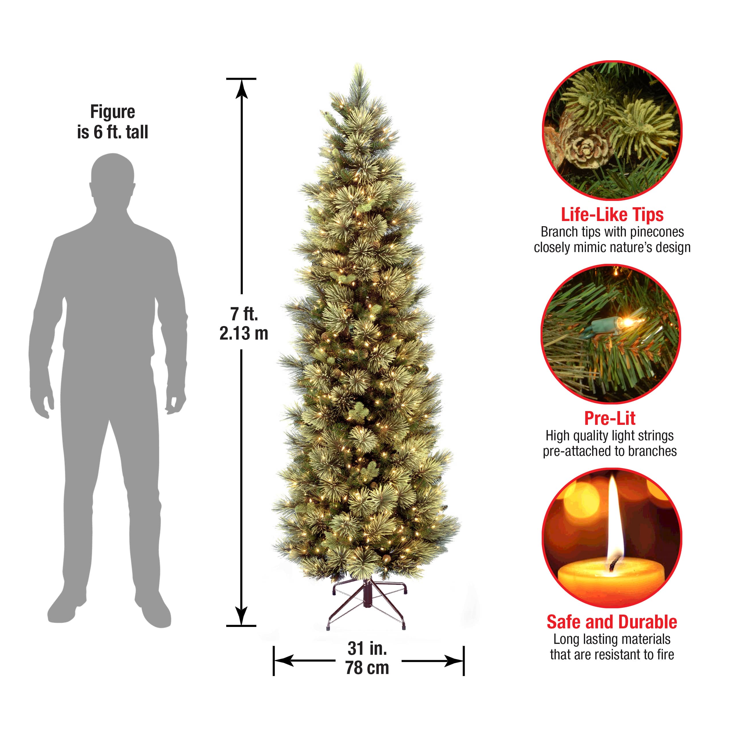 7ft. Pre-Lit Carolina Pine Tree with Flocked Cones Artificial Christmas Tree, Clear Lights
