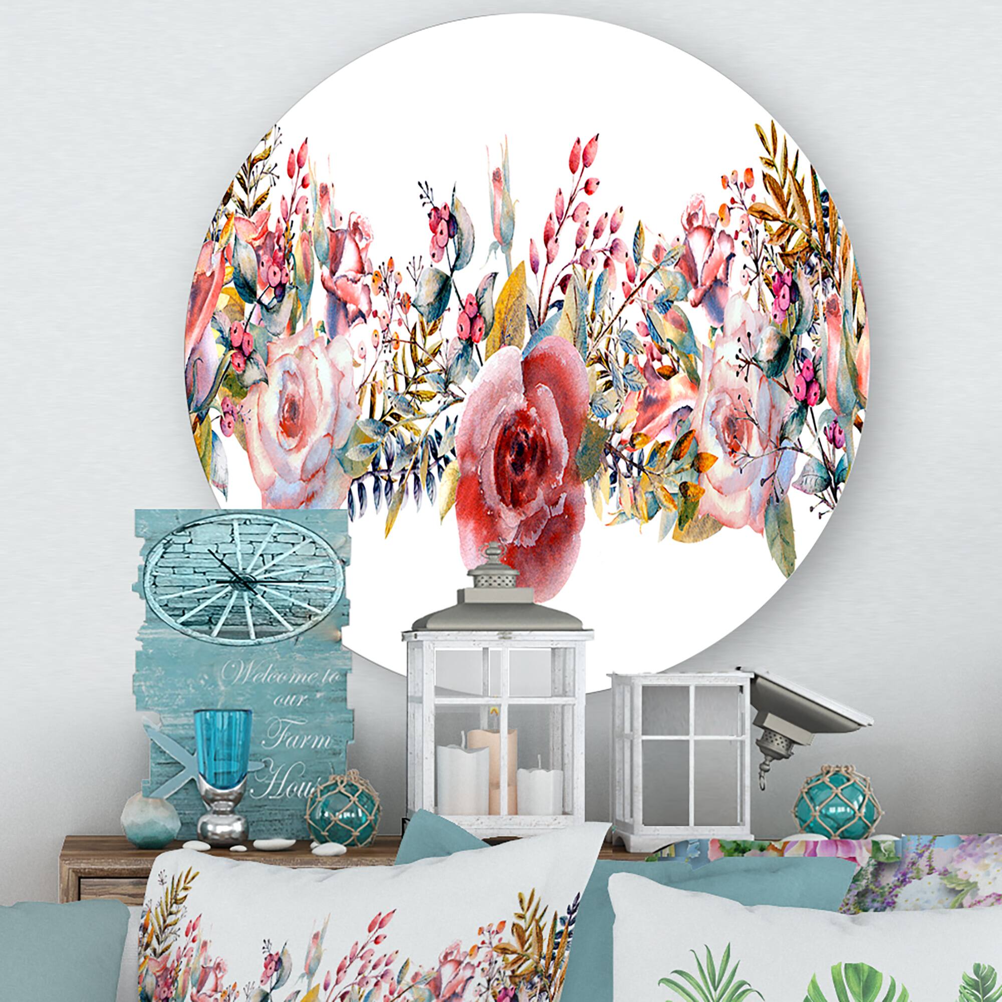 Designart - Pink Roses and Wildflower - Farmhouse Metal Circle Wall Art
