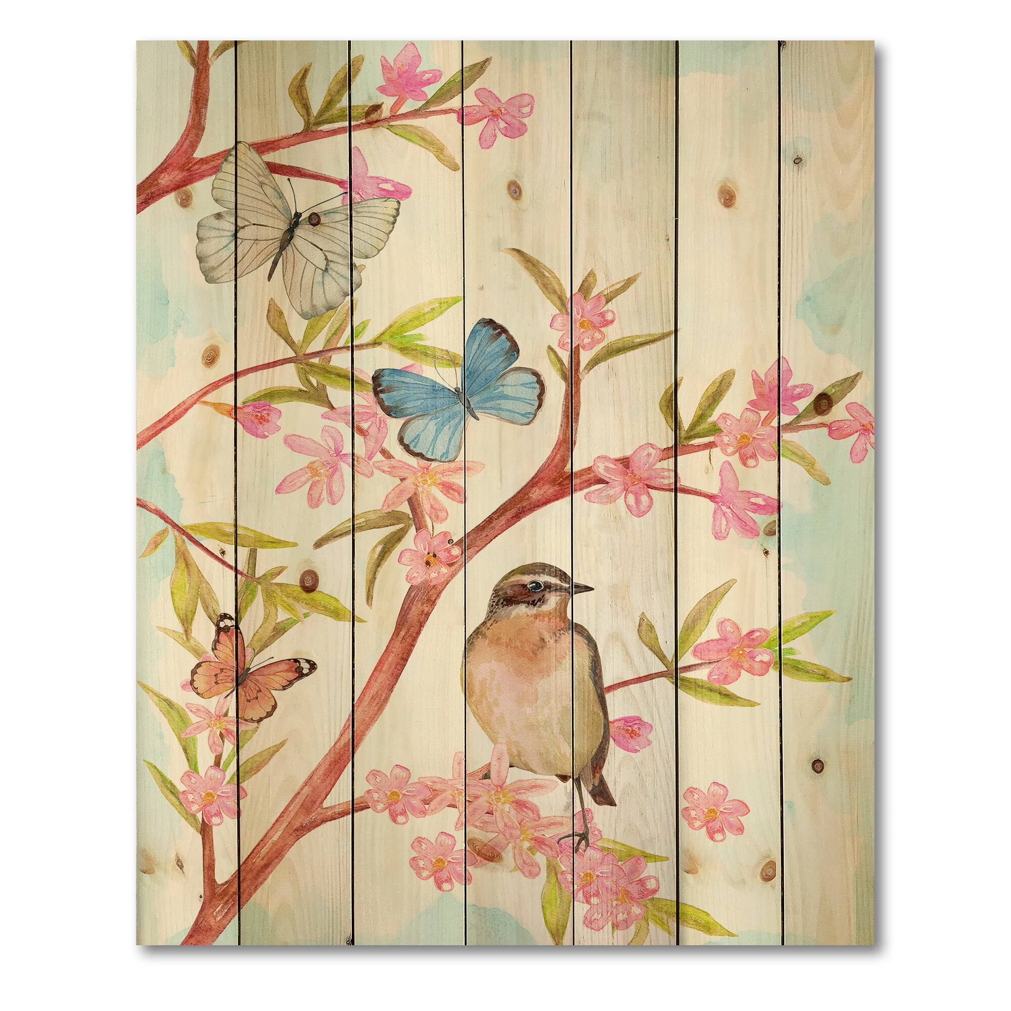 Designart - Clever Bird Sitting On Branch of A Spring Tree - Traditional Print on Natural Pine Wood