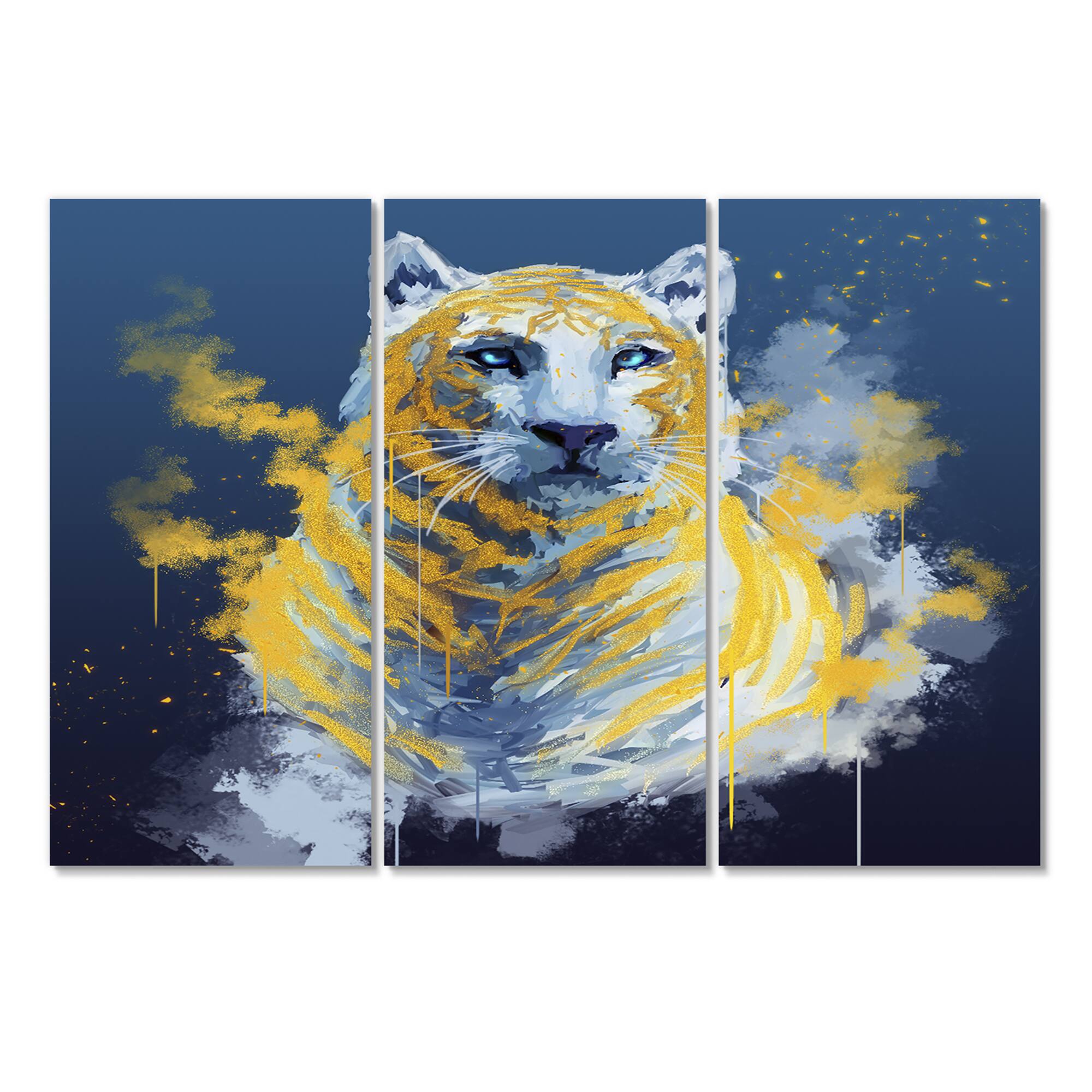 Designart - Tiger Spirit In Blue And Gold - Abstract Canvas Wall Art