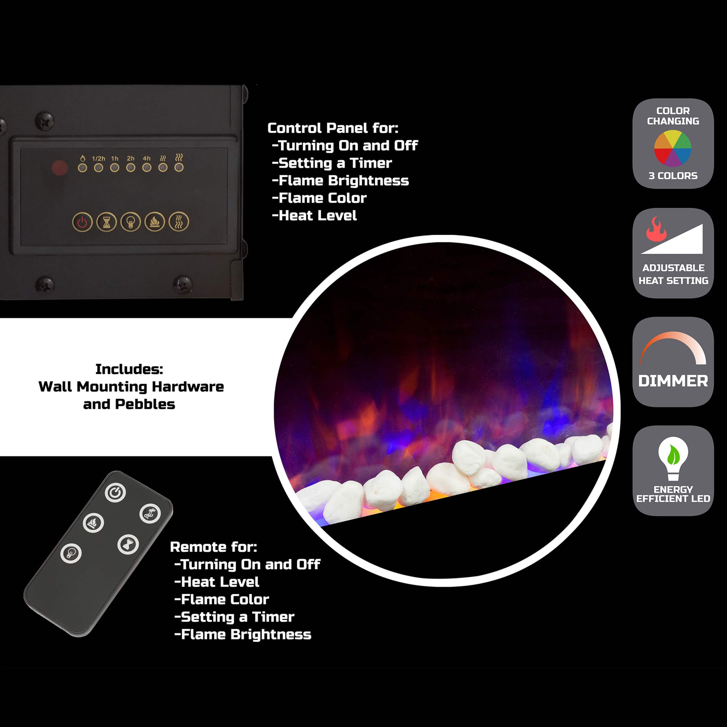 Hastings Home 54&#x22; Black LED Electric Wall Fireplace