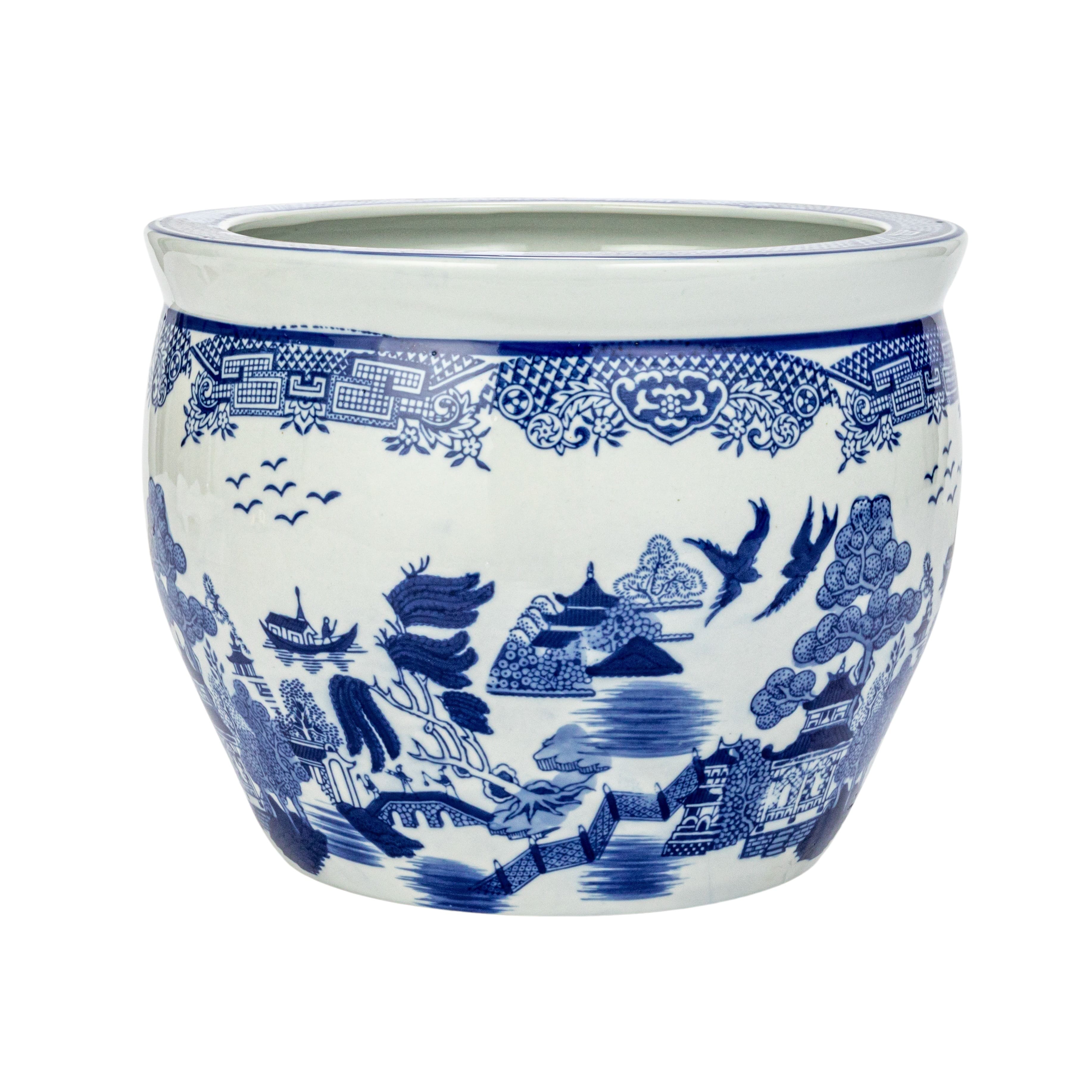 Hello Honey® 12.25" Blue & White Hand-Painted Stoneware Planter
