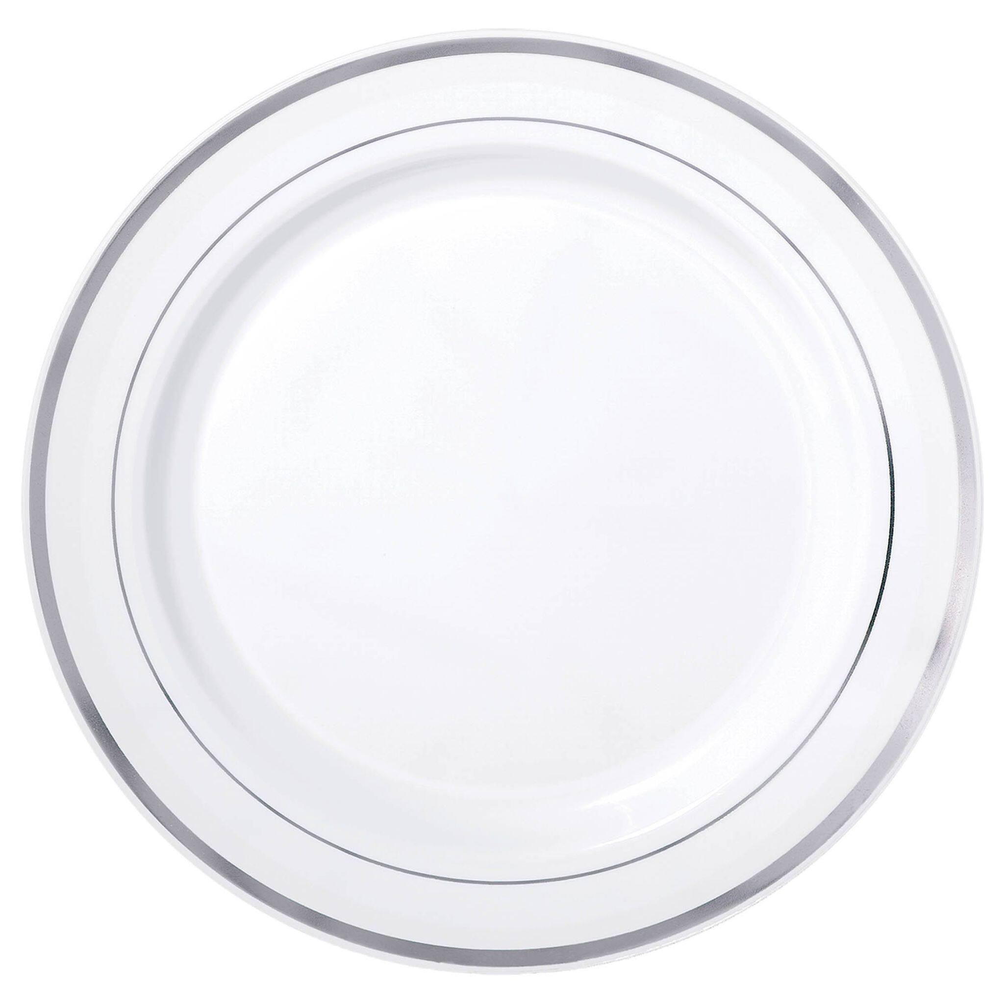 7.5" White Premium Plastic Plates with Metallic Trim, 40ct.