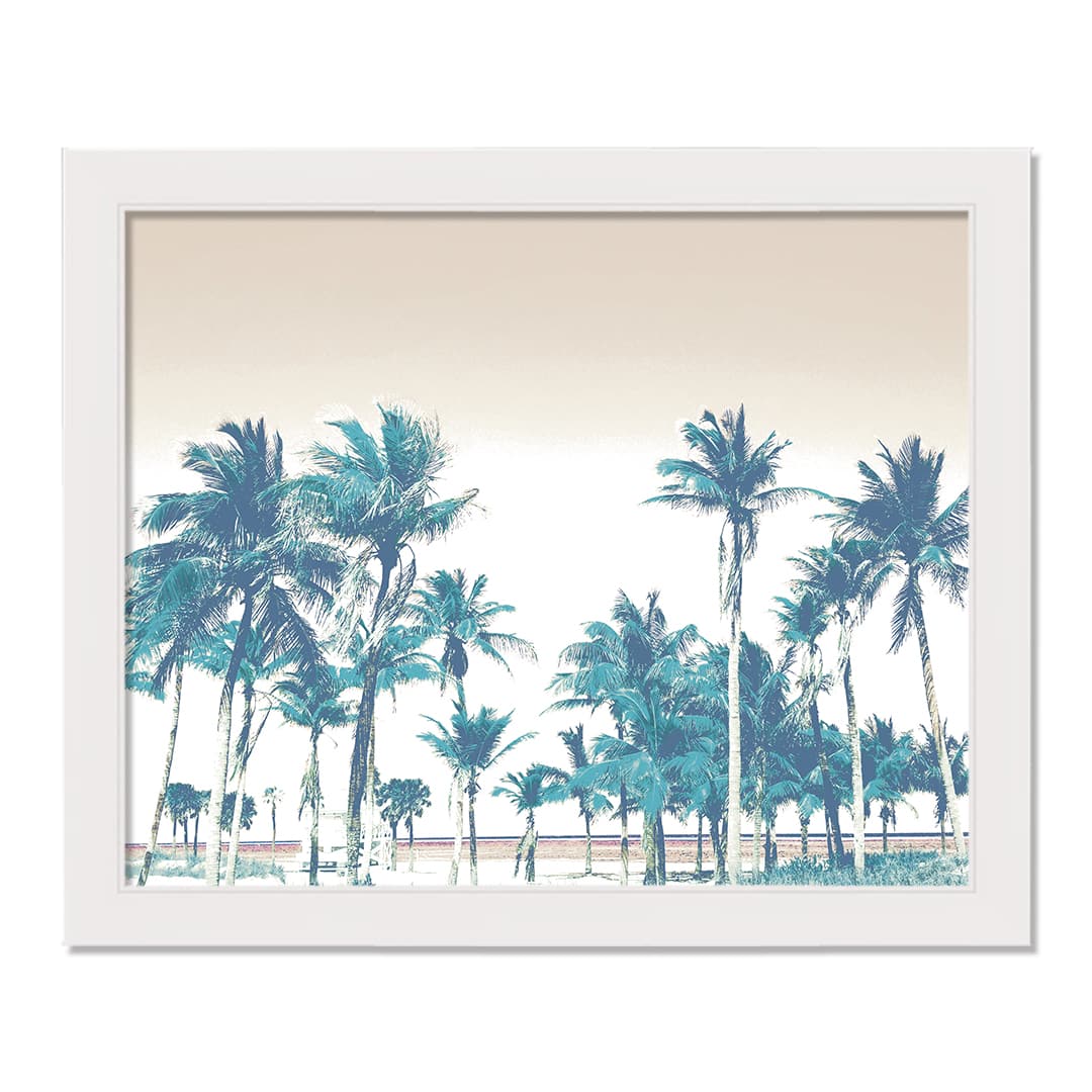 Blue Beach Palms White Framed Print