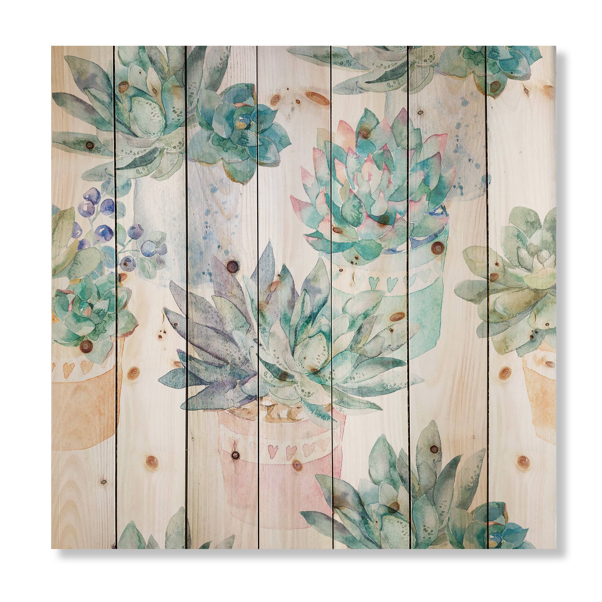 Designart - Pastel Toned Succulent Housplants - Traditional Print on Natural Pine Wood