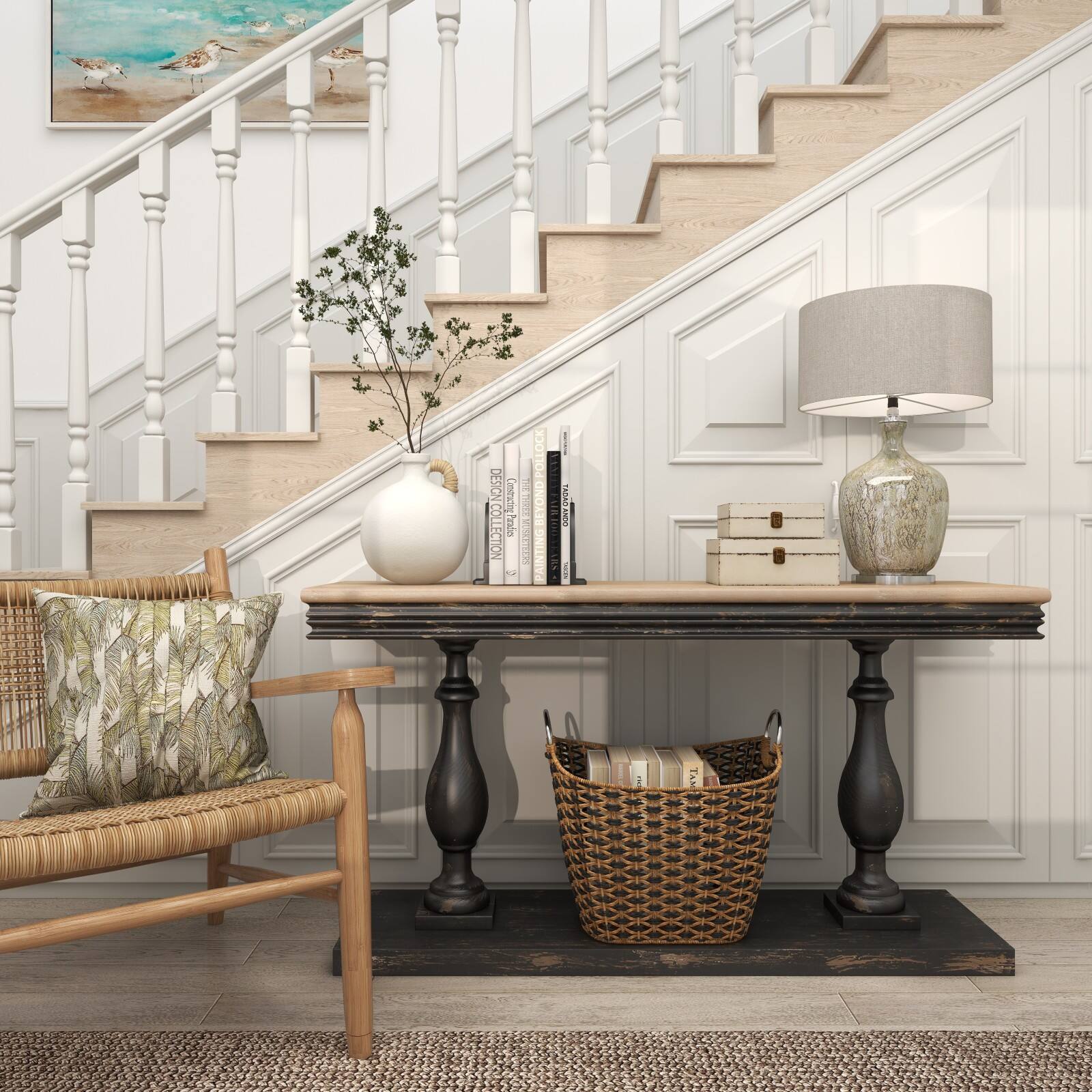 11" White Ceramic Jug Inspired Vase with Rattan Wrapped Handle