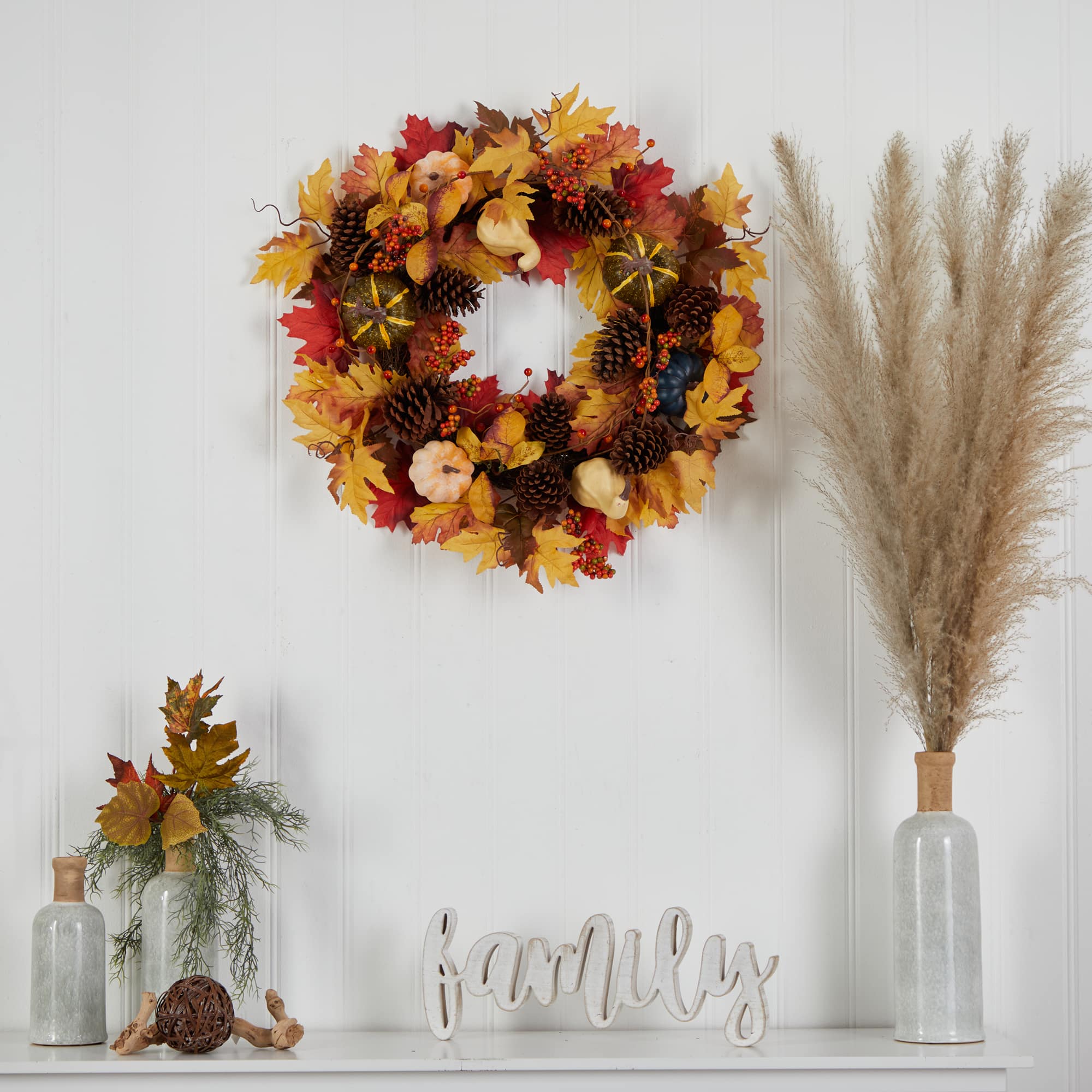 26&#x22; Fall Pumpkin, Gourd, Pinecone &#x26; Maple Leaf Wreath