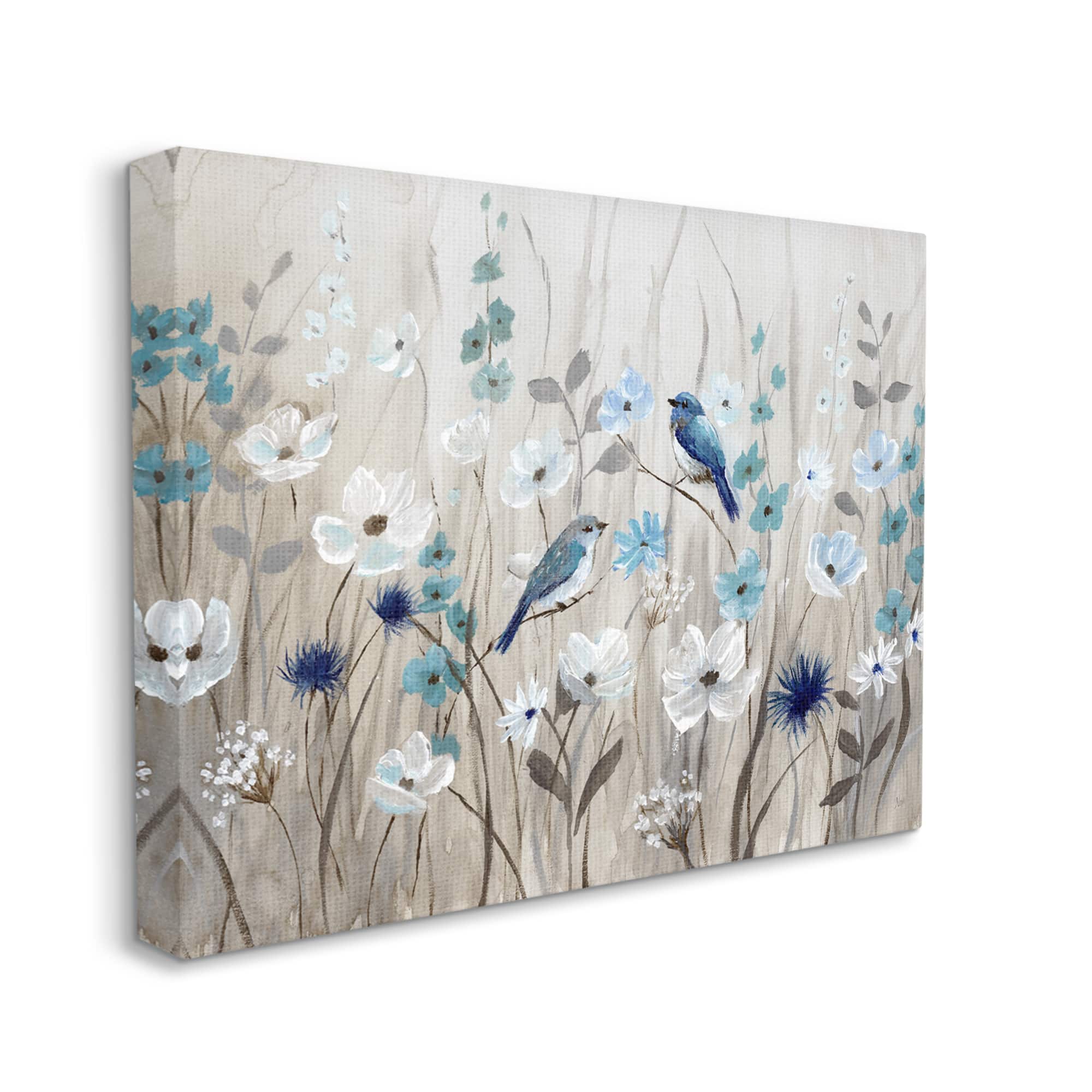 Stupell Industries Birds Floral Meadow Blue White Blossoms Canvas Wall Art