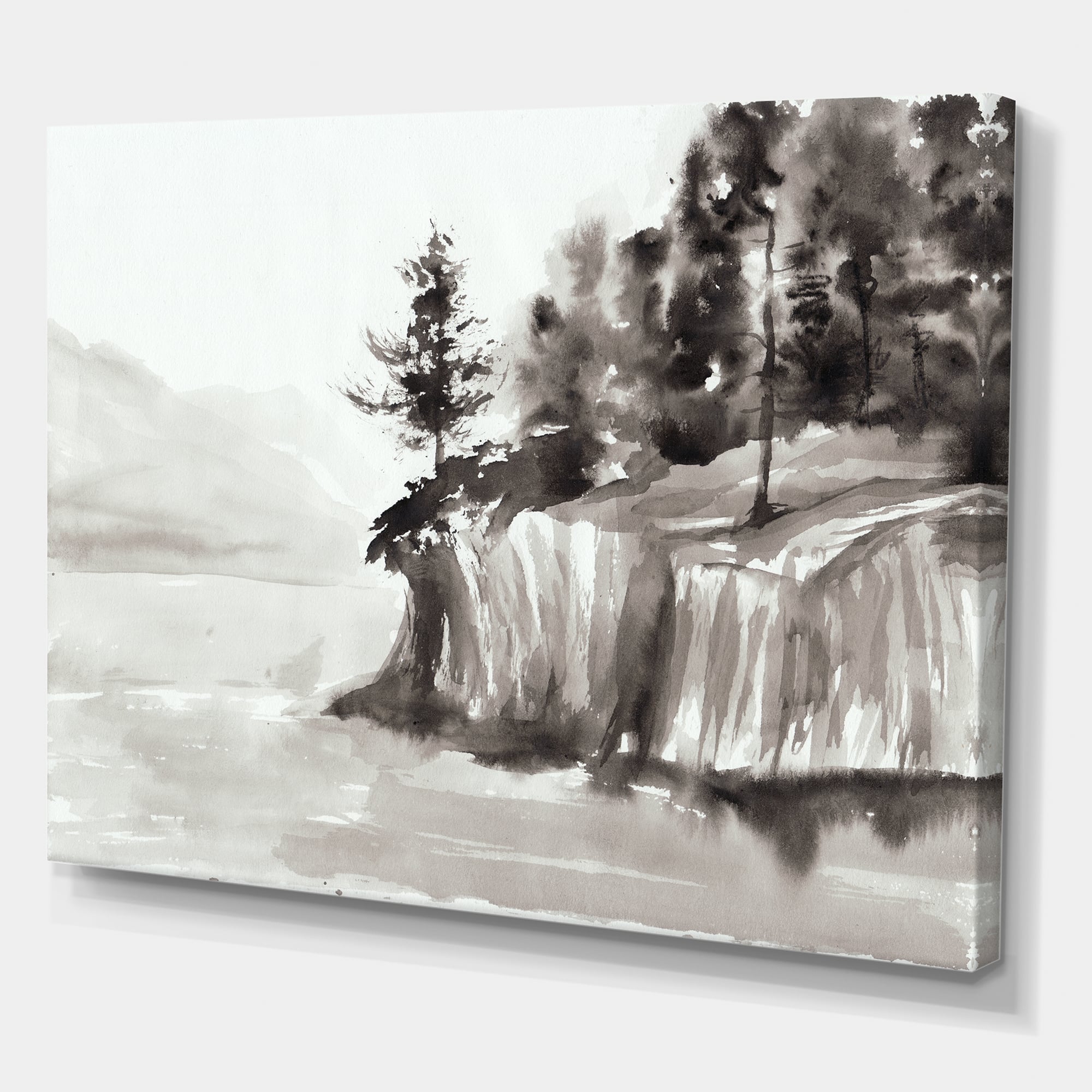 Designart - Monochrome Cliffs By The Lake - Nautical & Coastal Canvas Wall Art Print