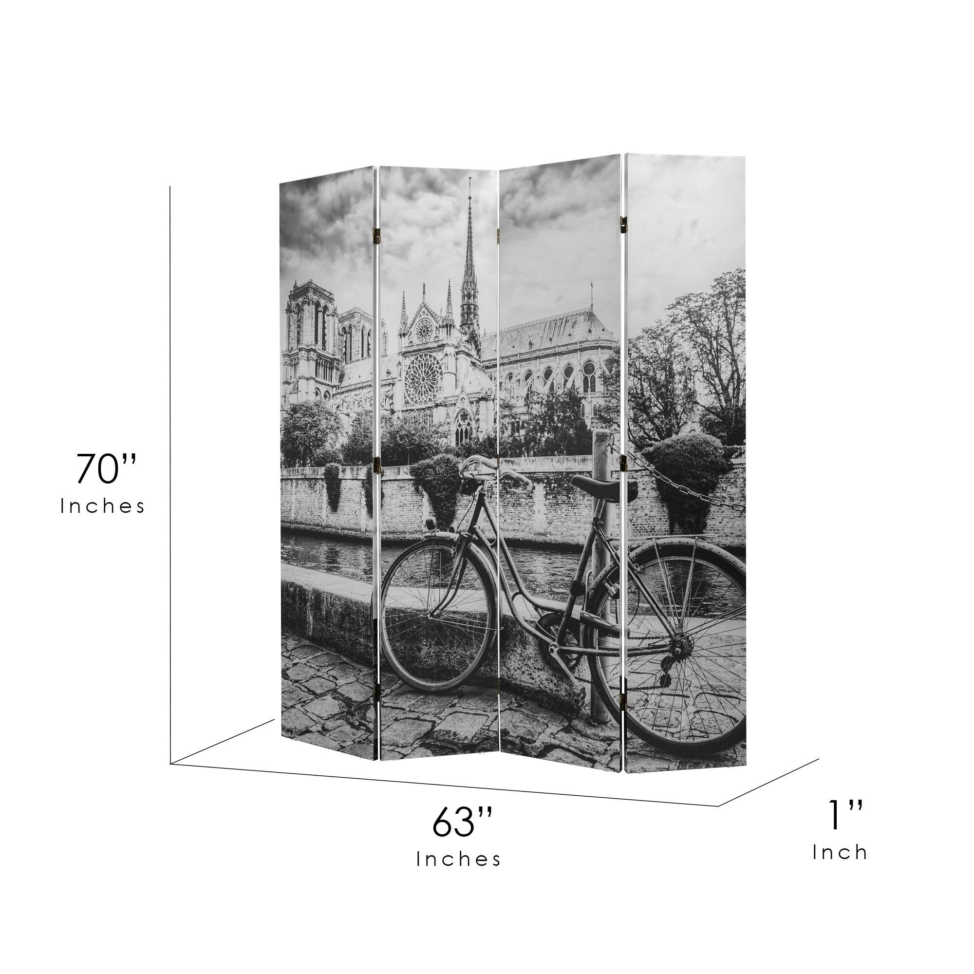 American Art Decor™ 6ft. Double-Sided 4-Panel Black and White Eiffel Tower & Notre Dame Bike Canvas Room Divider