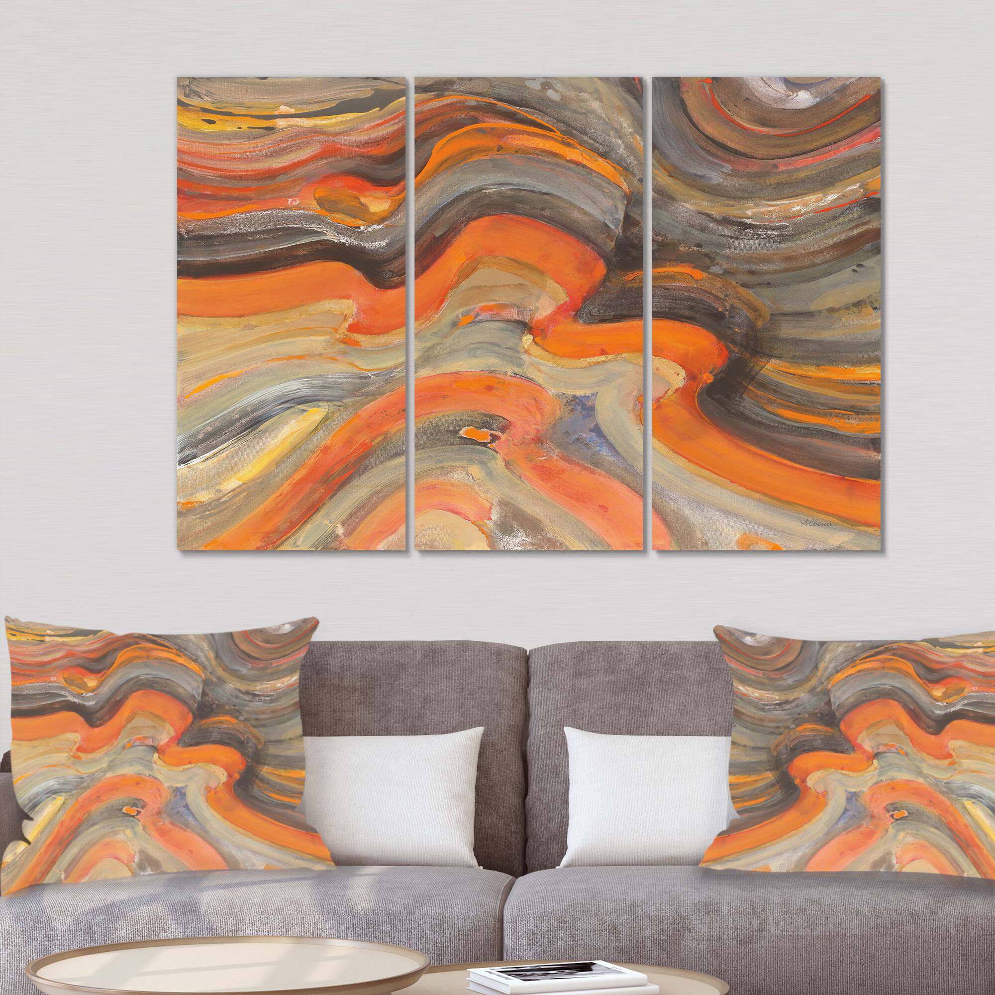 Designart - Abstract Gilded Orange Waves - Contemporary Gallery-wrapped Canvas