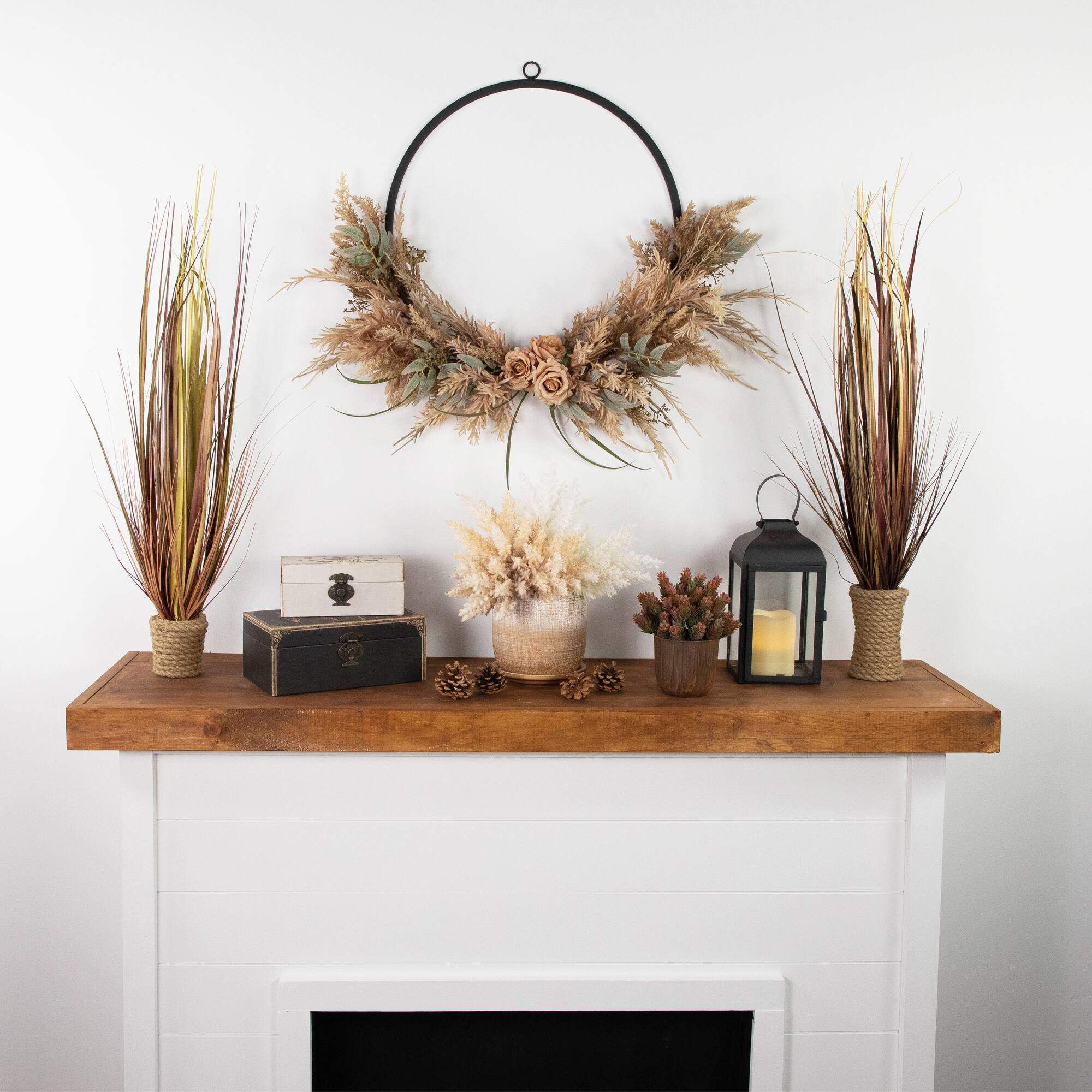 24" Fall Harvest Pale Rose & Thistle with Foliage Artificial Wreath