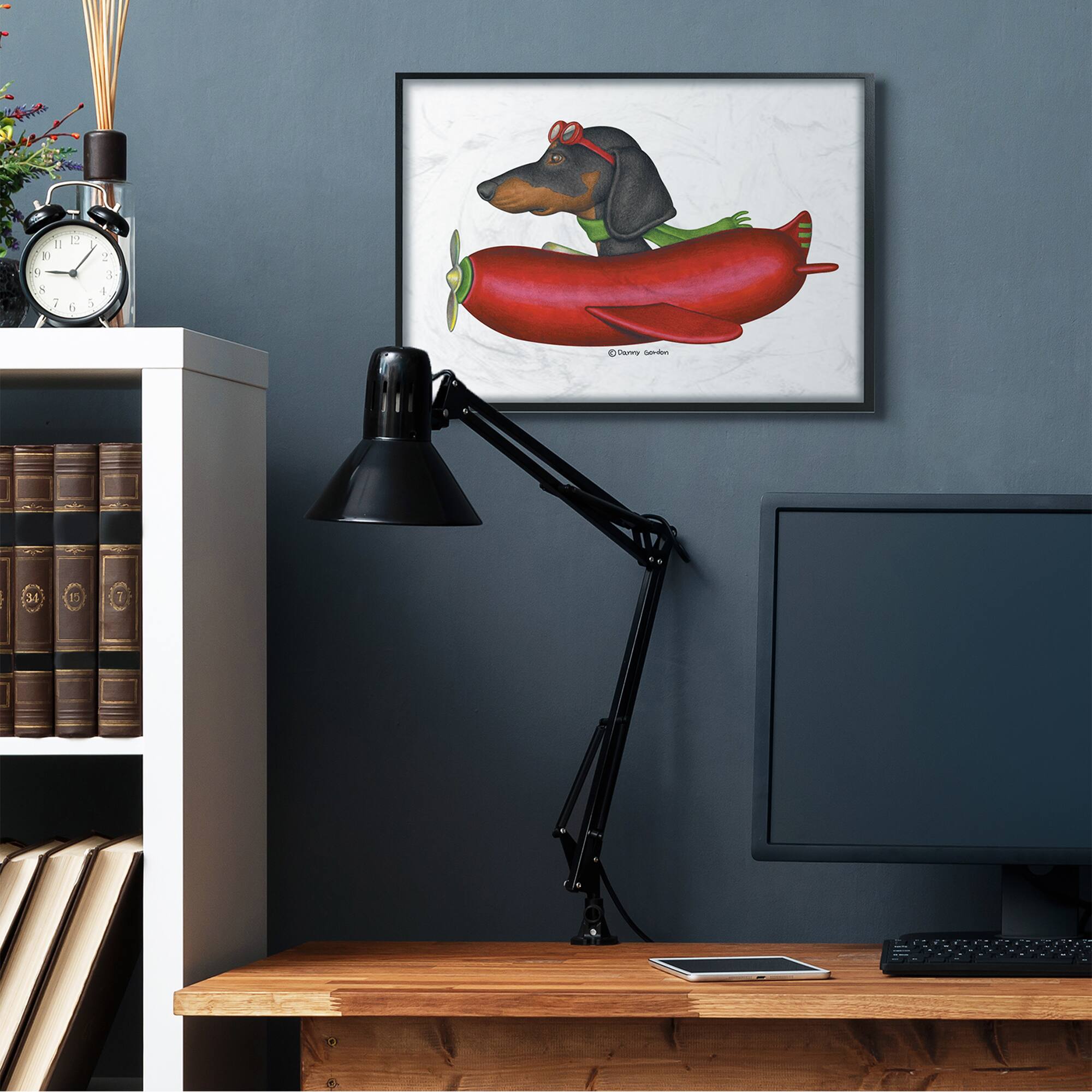 Stupell Industries Dachshund Flying in Hot Dog Plane Wall Art in Black Frame