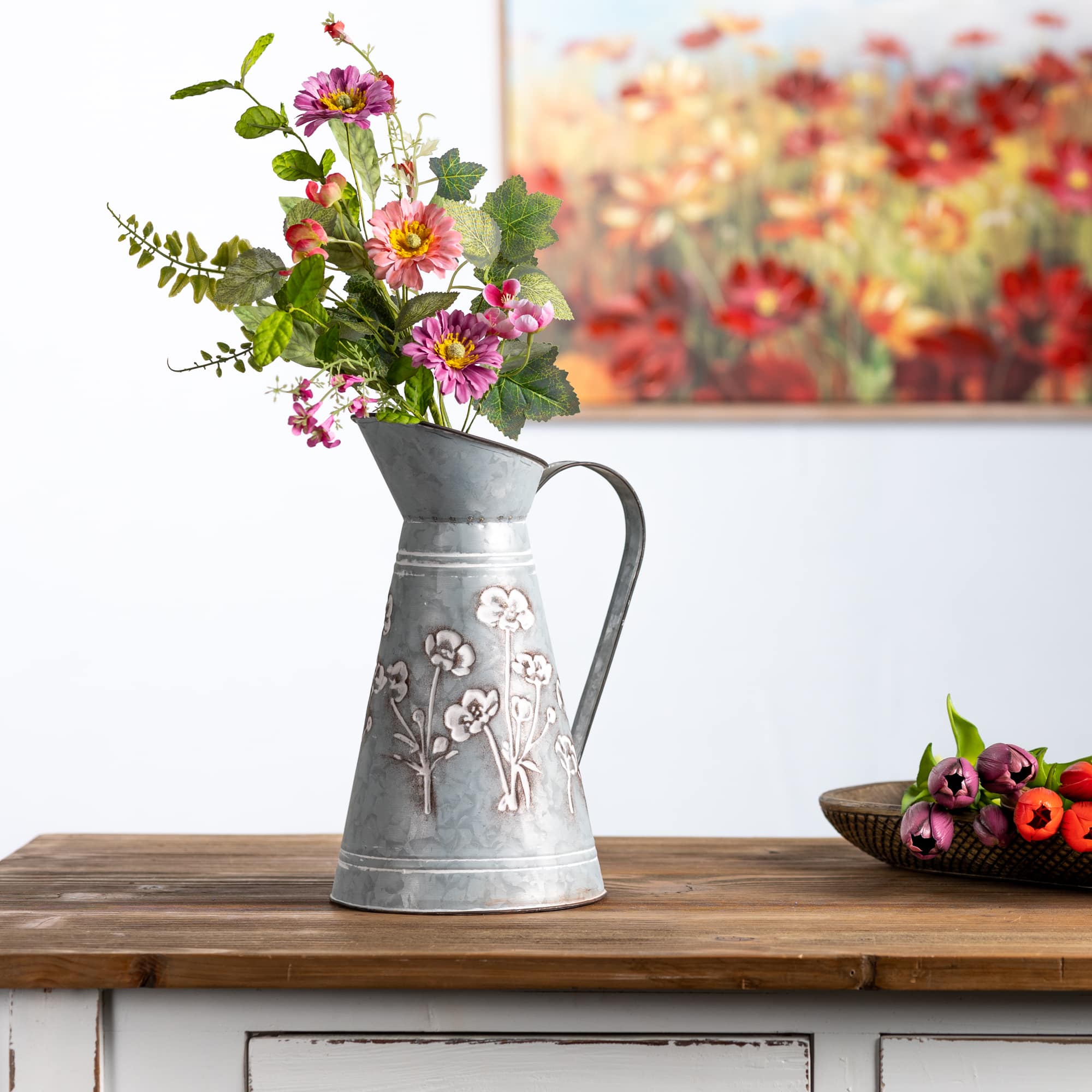 12.5&#x22; Floral Stamped Metal Pitcher Vase