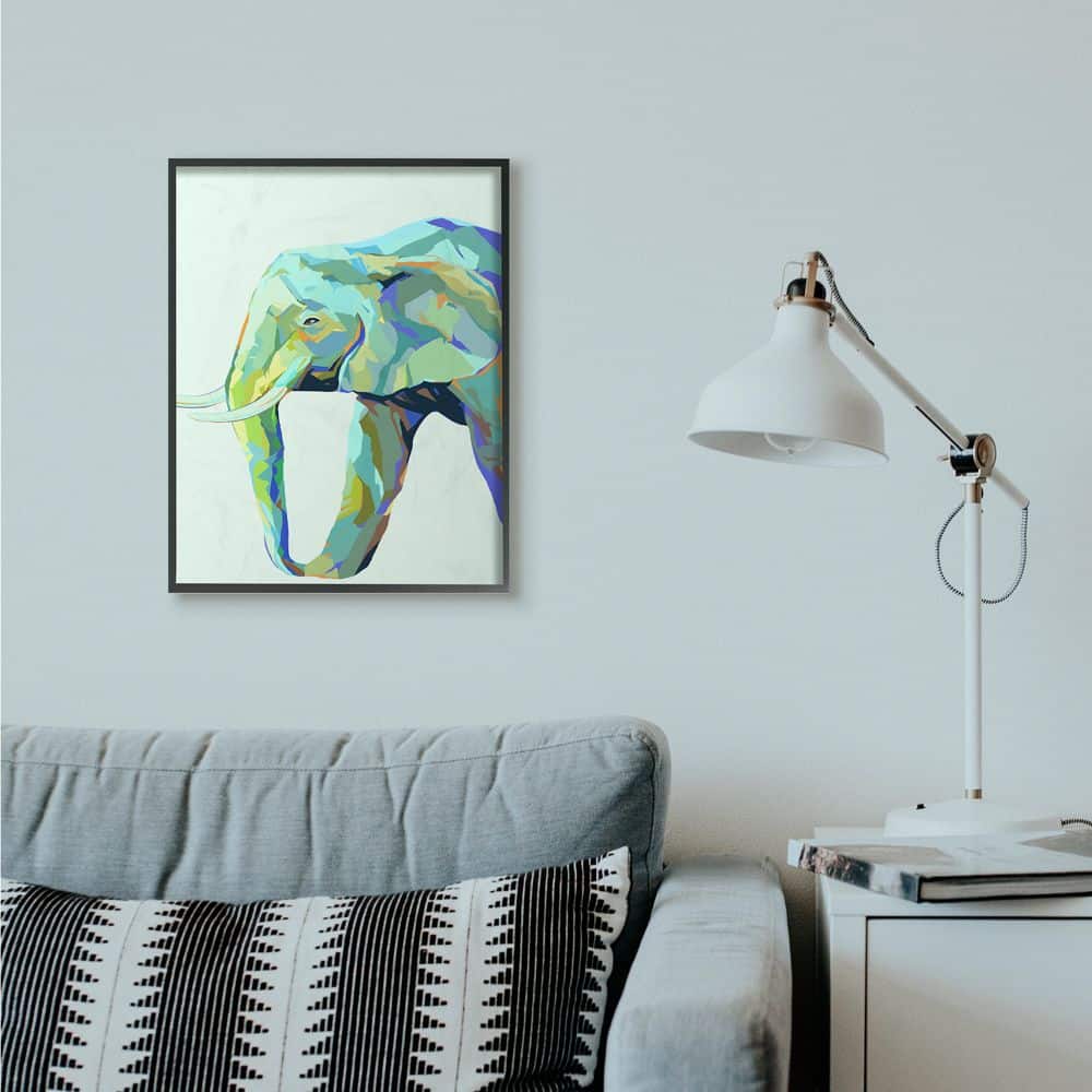 Stupell Industries Elephant Abstract Shapes Blue Green Animal Design in Black Frame Wall Art