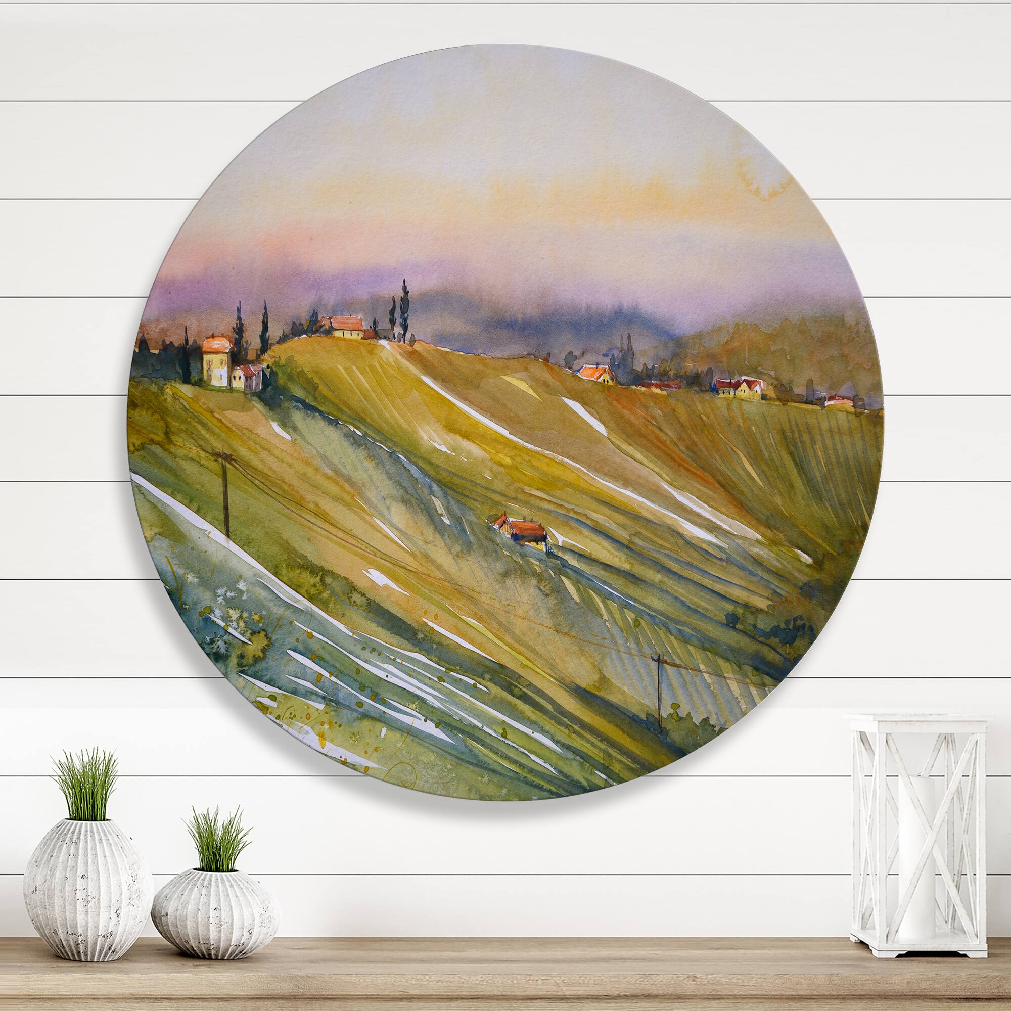 Designart - Vineyard At Dawn In Tuscany Italy - Country Metal Circle Wall Art