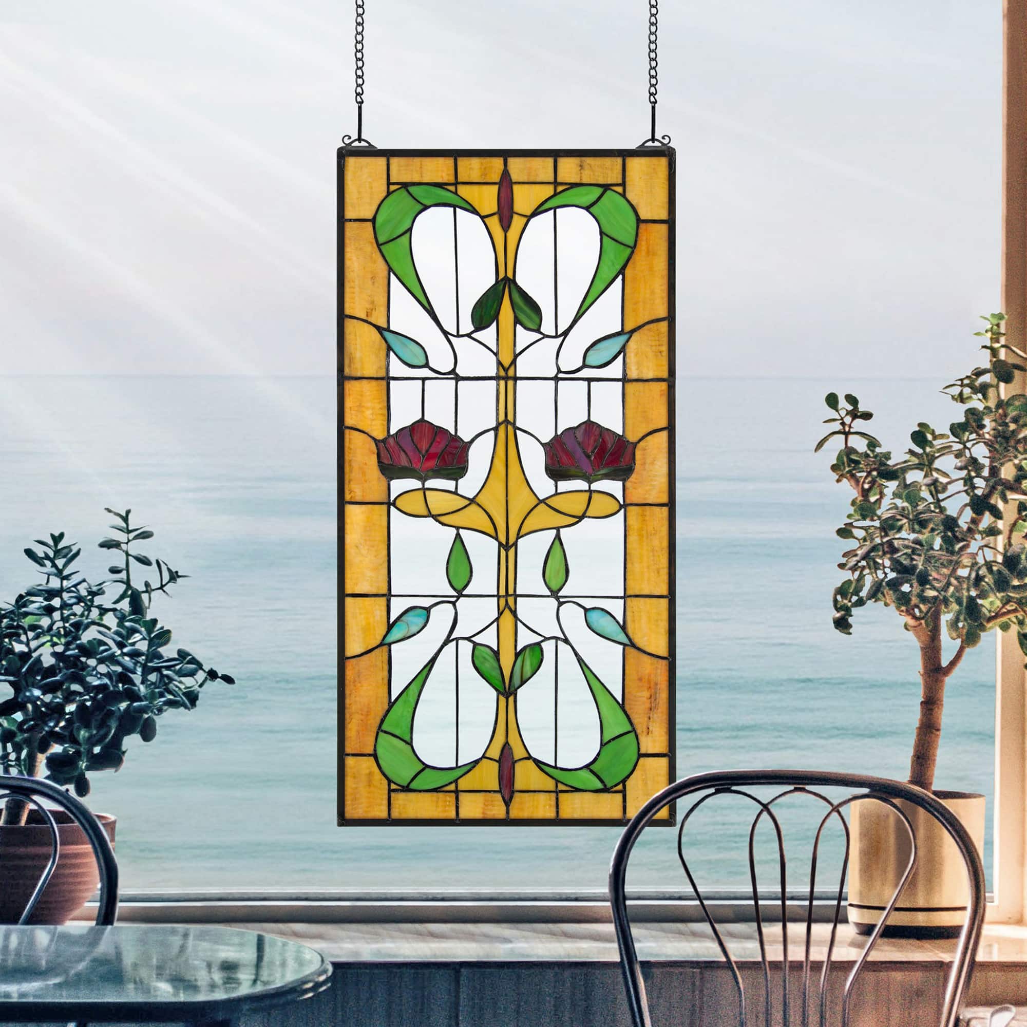 Design Toscano 31&#x22; Ruskin Rose Two Flower Tiffany-Style Stained Glass Window Hanging D&#xE9;cor 