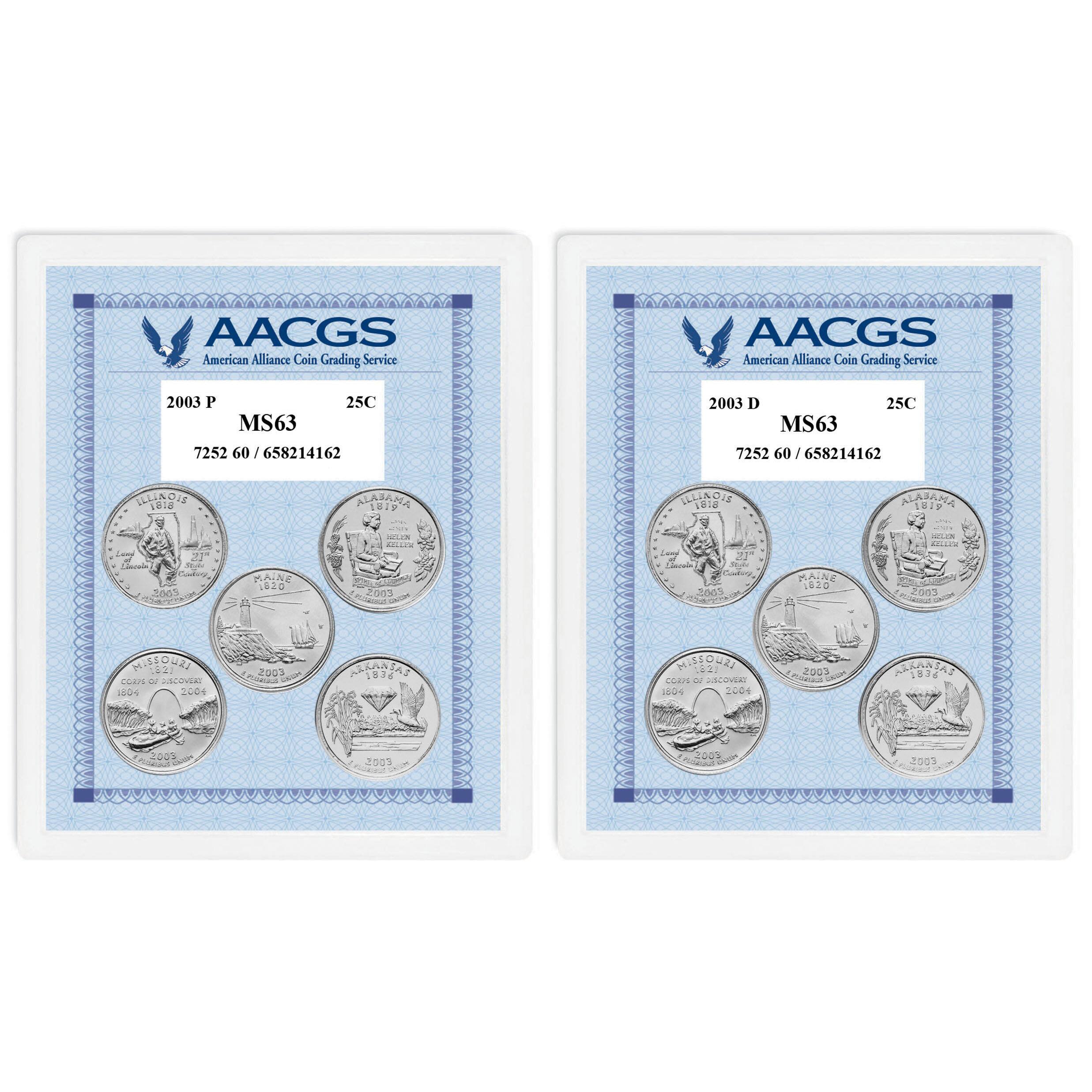 2003P & 2003D Statehood Quarters Graded MS63 Brilliant Uncirculated 