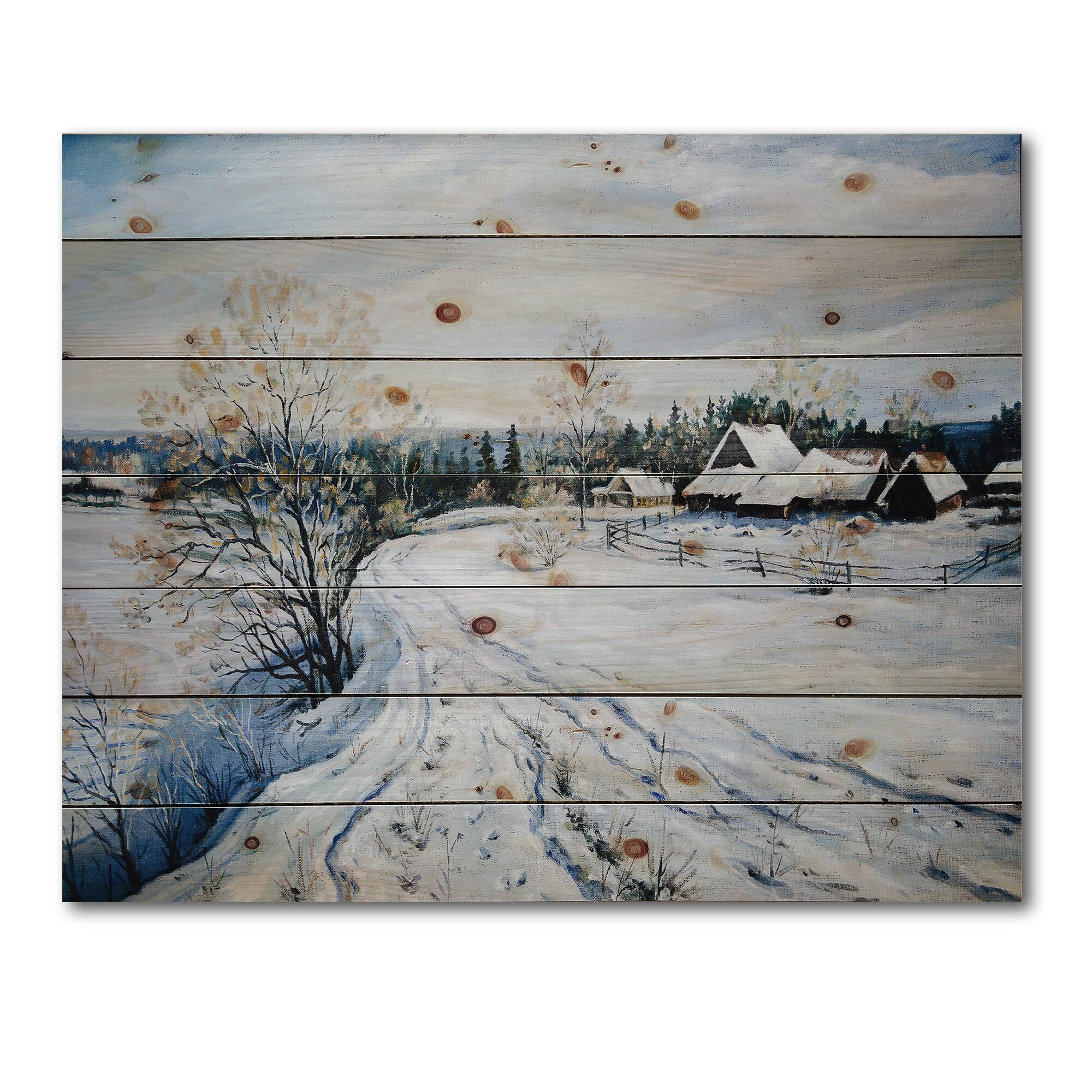 Designart - Country Road In Winter Times II - Traditional Print on Natural Pine Wood