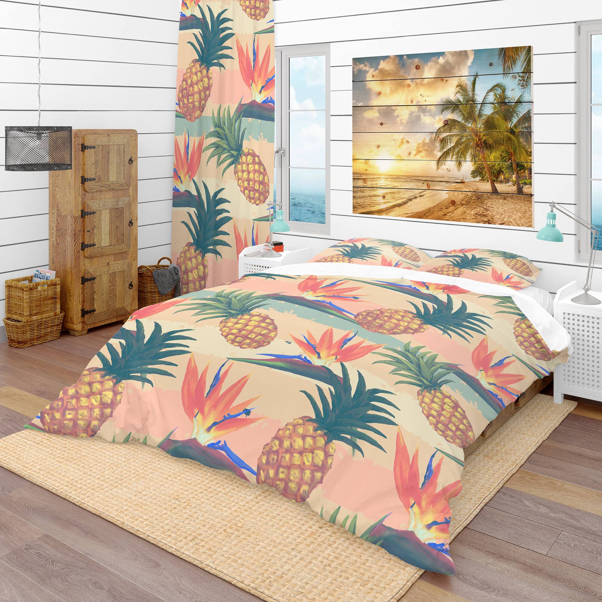 Designart &#x27;Tropical Exotic Flowers &#x26; Pineapple Pattern&#x27; Tropical Bedding Set - Duvet Cover &#x26; Shams