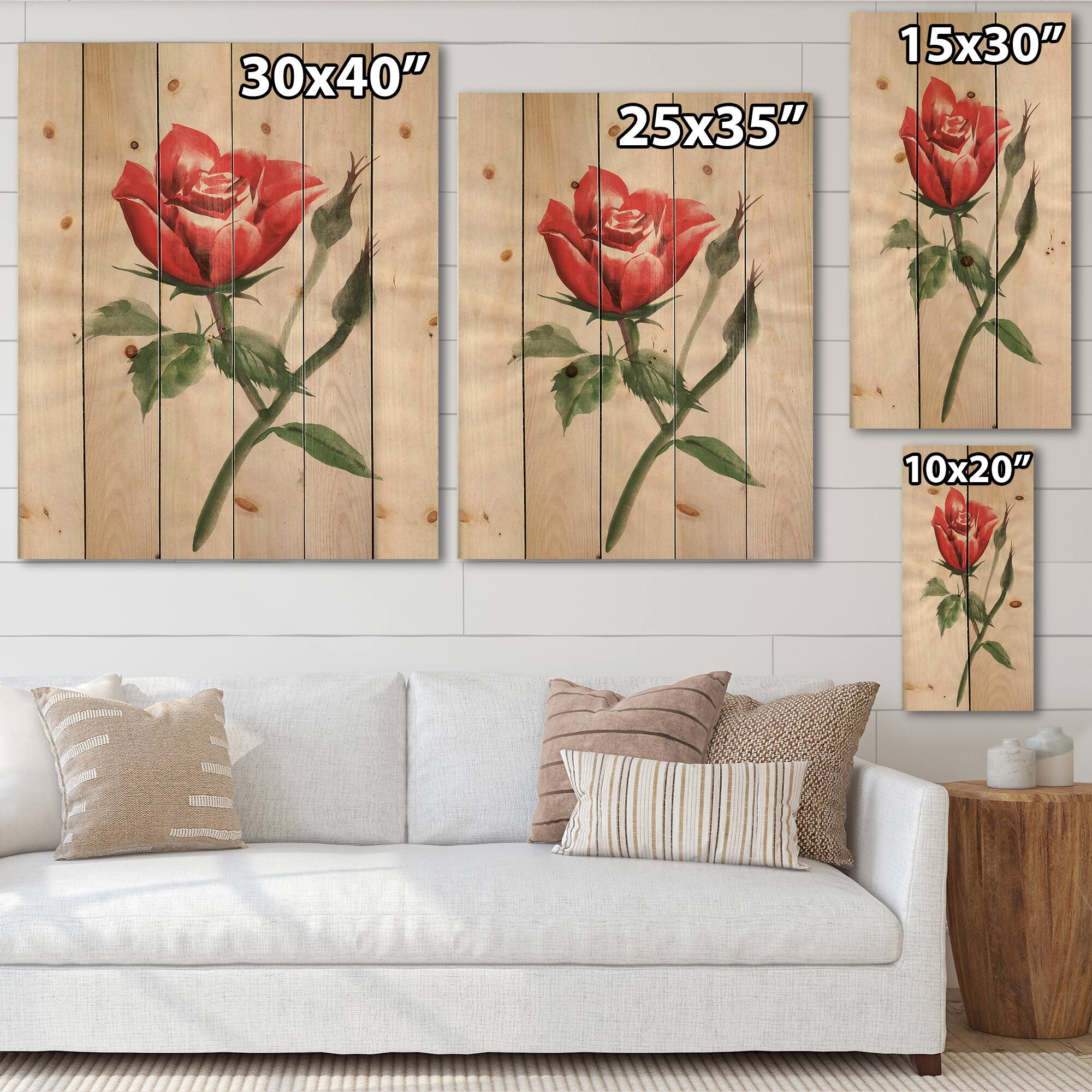 Designart - Vintage Red Rose Flower II - Traditional Print on Natural Pine Wood
