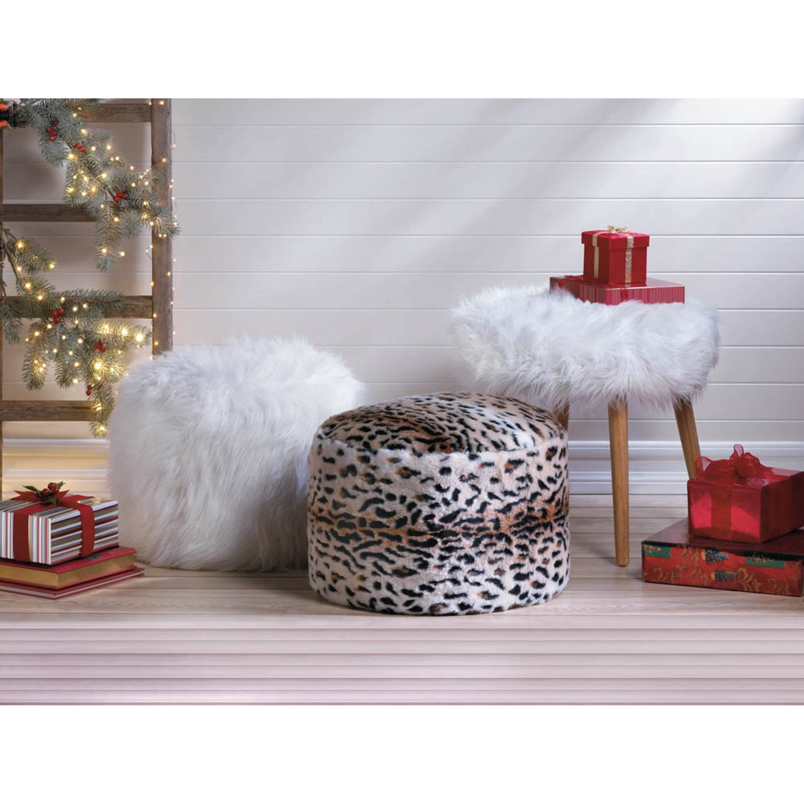 17.25" White Faux Fur Stool