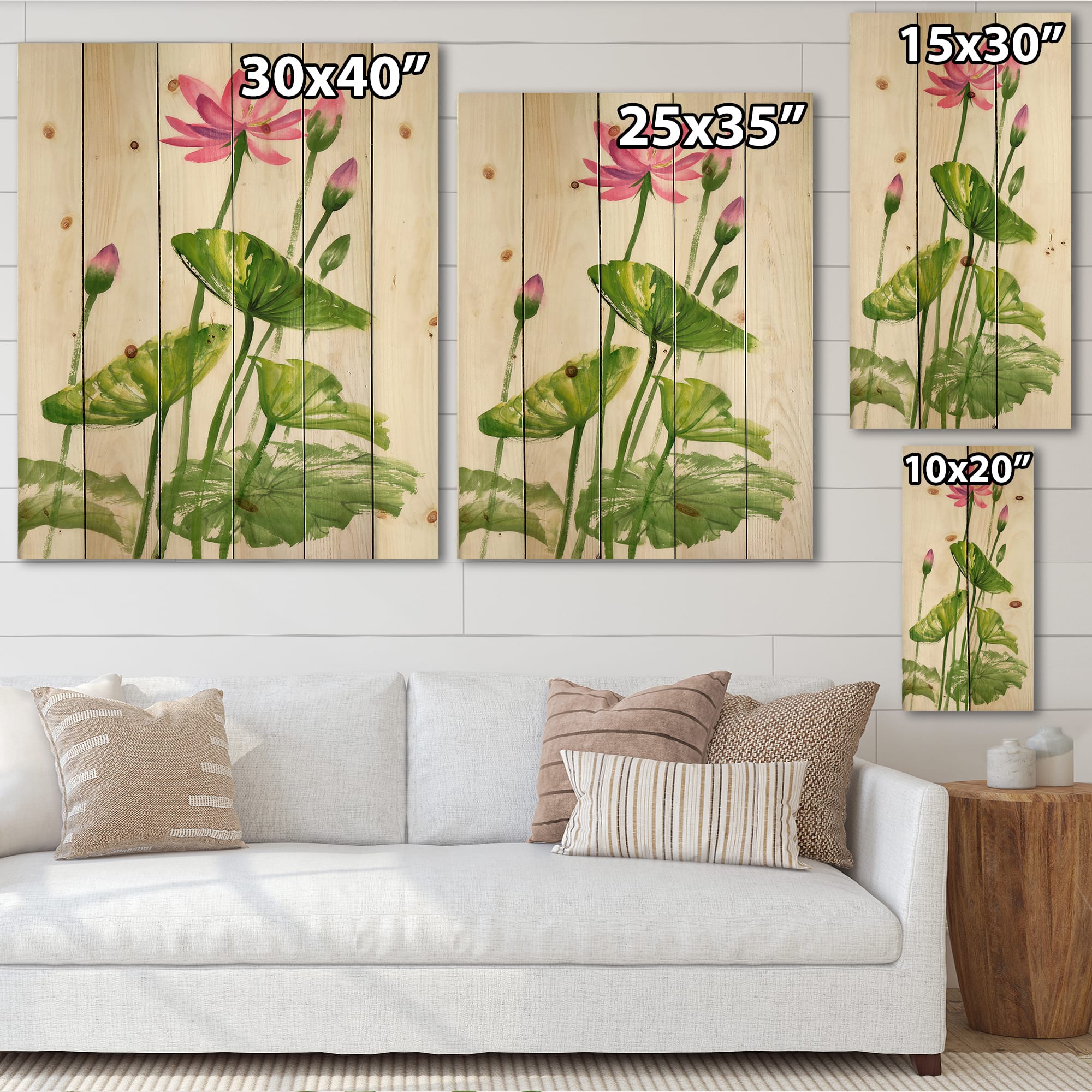 Designart - Vintage Pink Lotuses In The Pond VII - Traditional Print on Natural Pine Wood