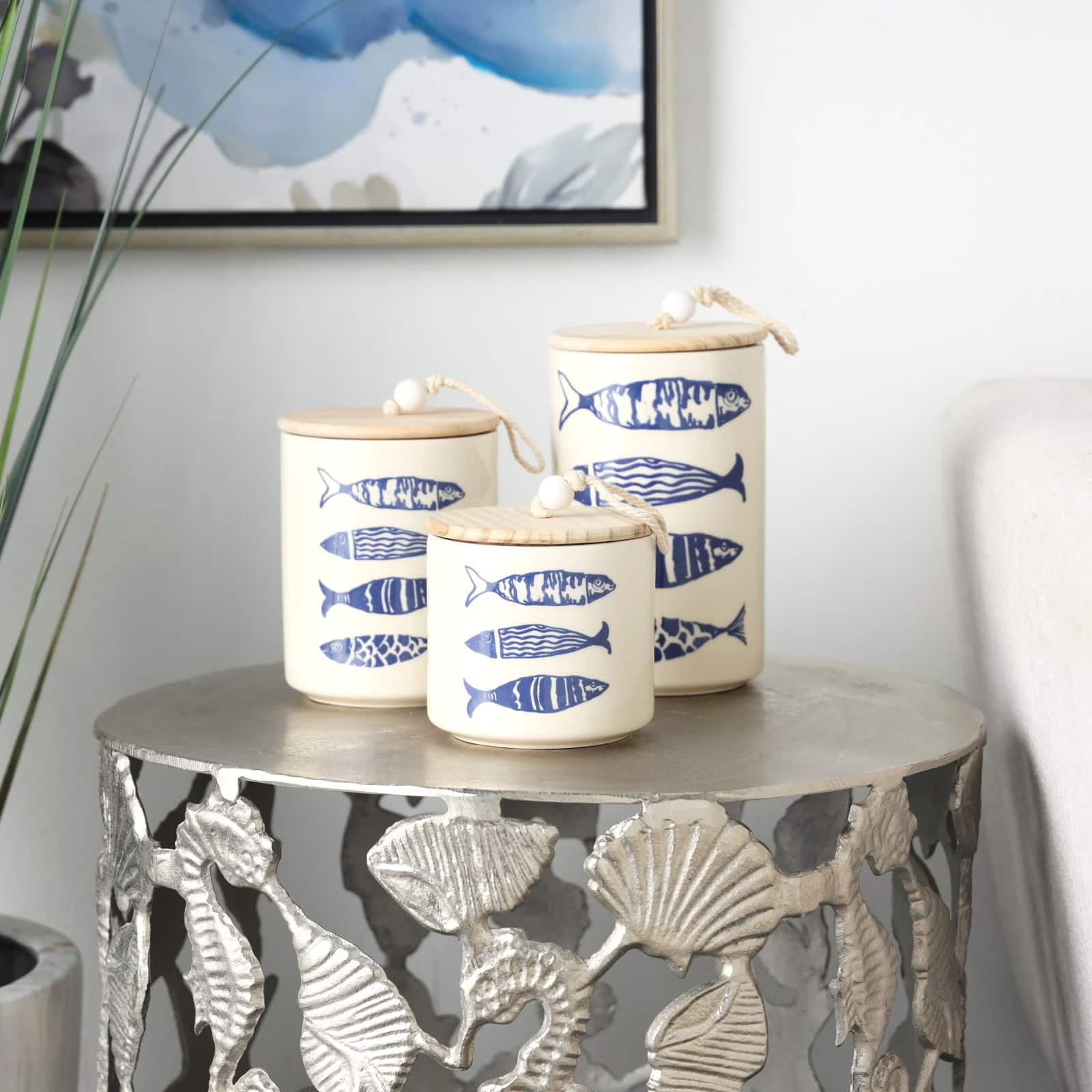 Blue &#x26; White Ceramic Fish Canisters Set