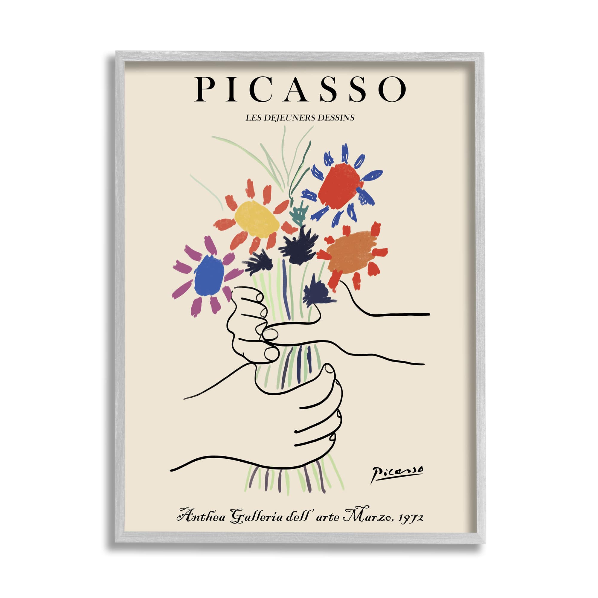 Stupell Industries Classical Picasso Floral Painting Hands Holding Bouquet in Gray Frame Wall Art