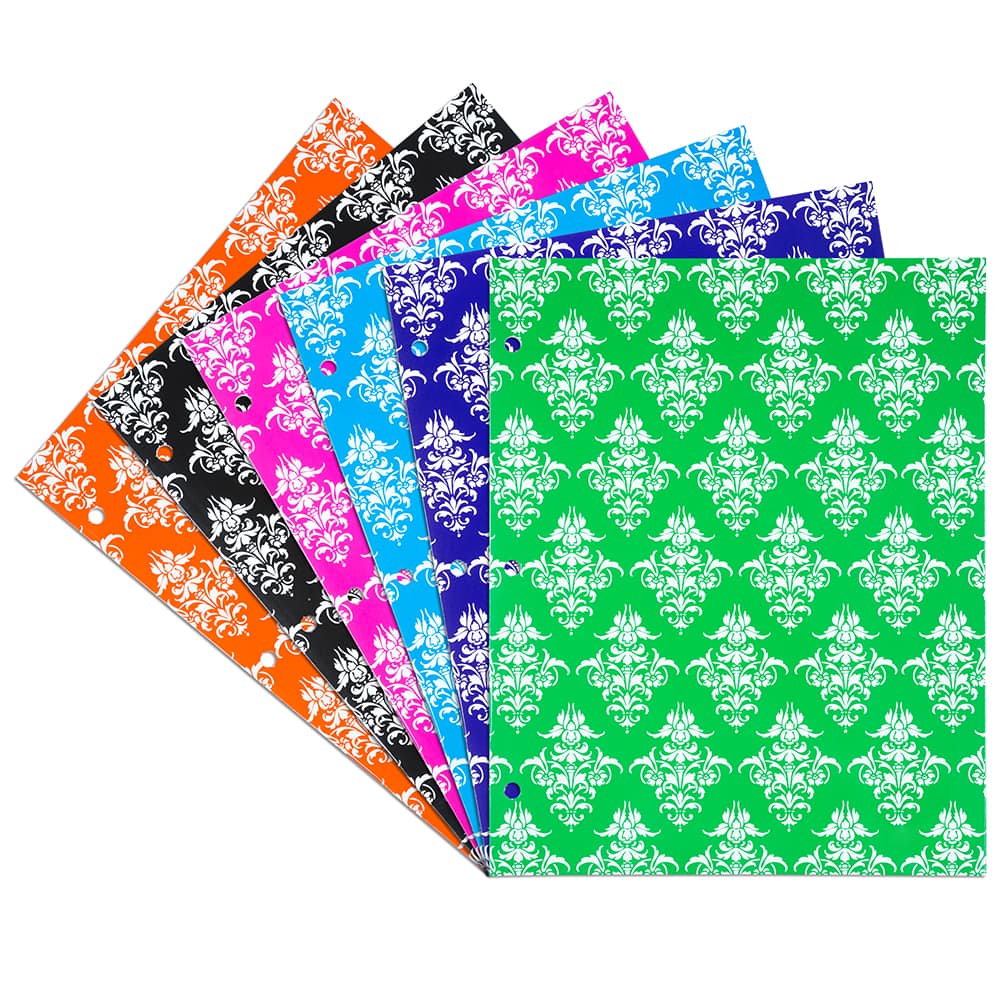 JAM Paper Damask Glossy Laminated Two Pocket 3 Hole Punch School Folders, 6ct.