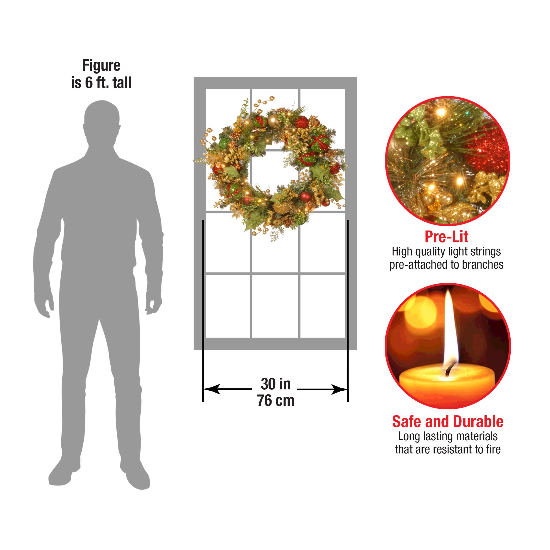 24" Ornament, Pinecone & Berry Wreath With Warm White LED Lights