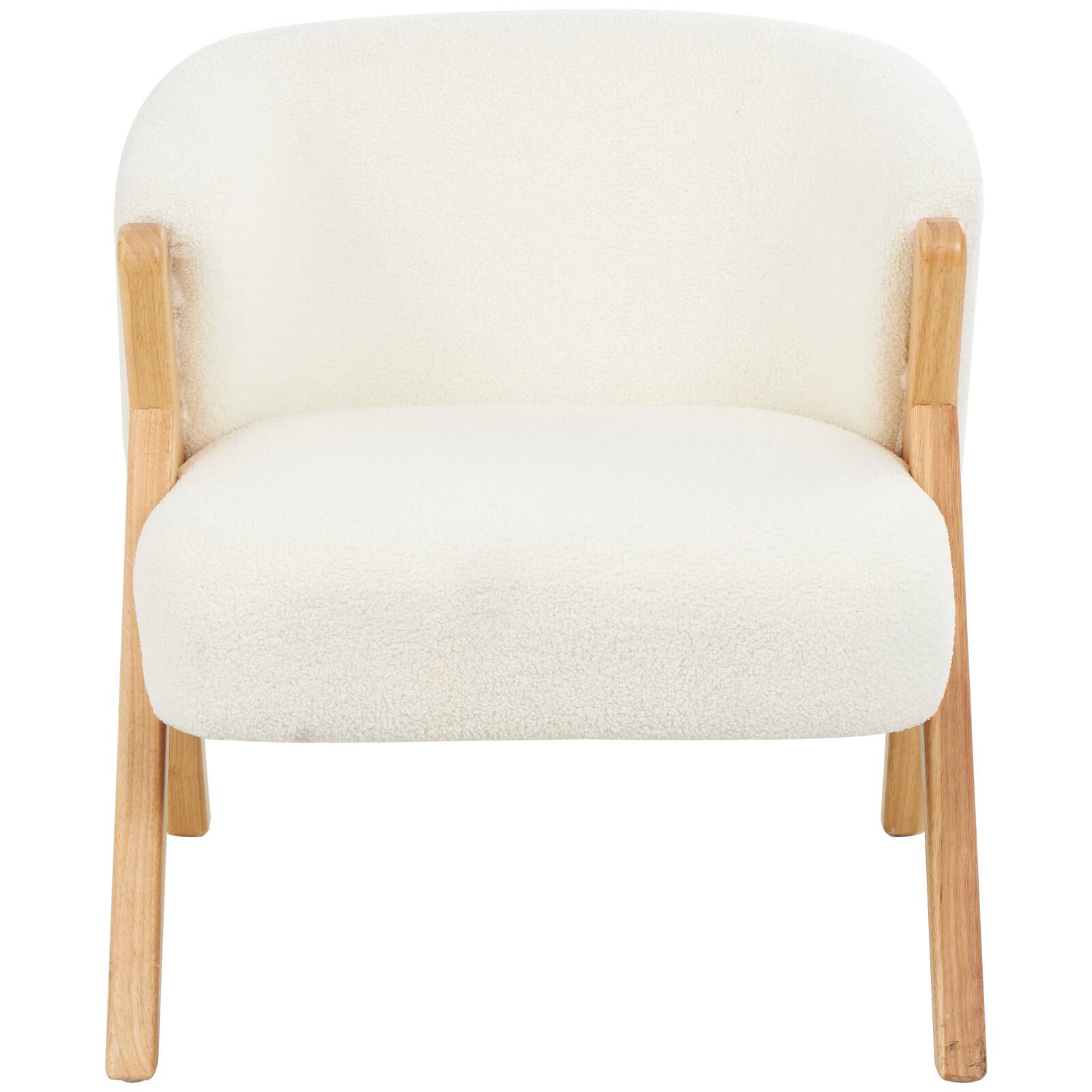White Polyester Rounded Boucle Accent Chair with Angled Wooden Legs