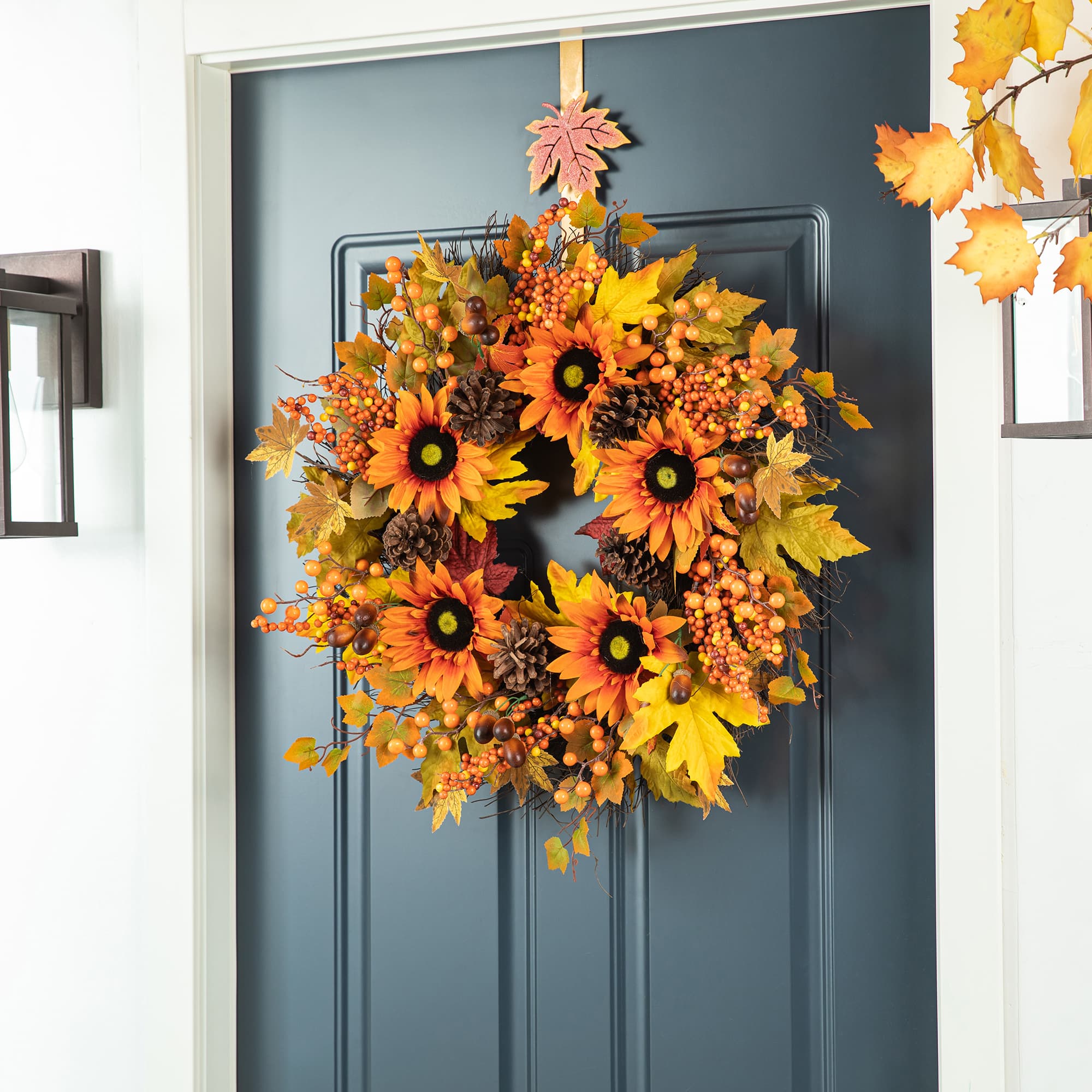 Glitzhome&#xAE; 24&#x22; Fall Sunflower, Maple Leaf &#x26;  Berry Wreath