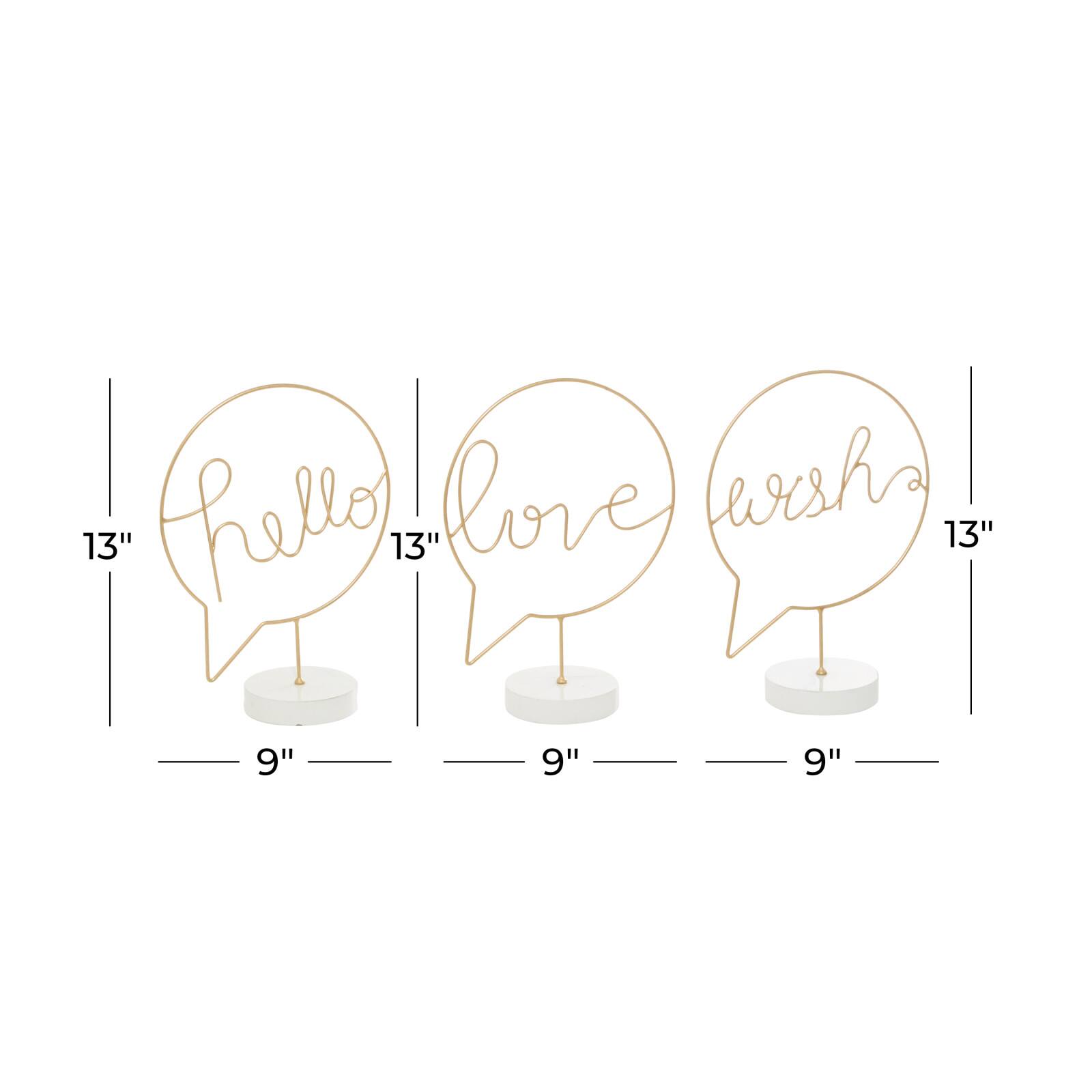 13" Gold Hello, Love & Wish Tabletop Sign Set