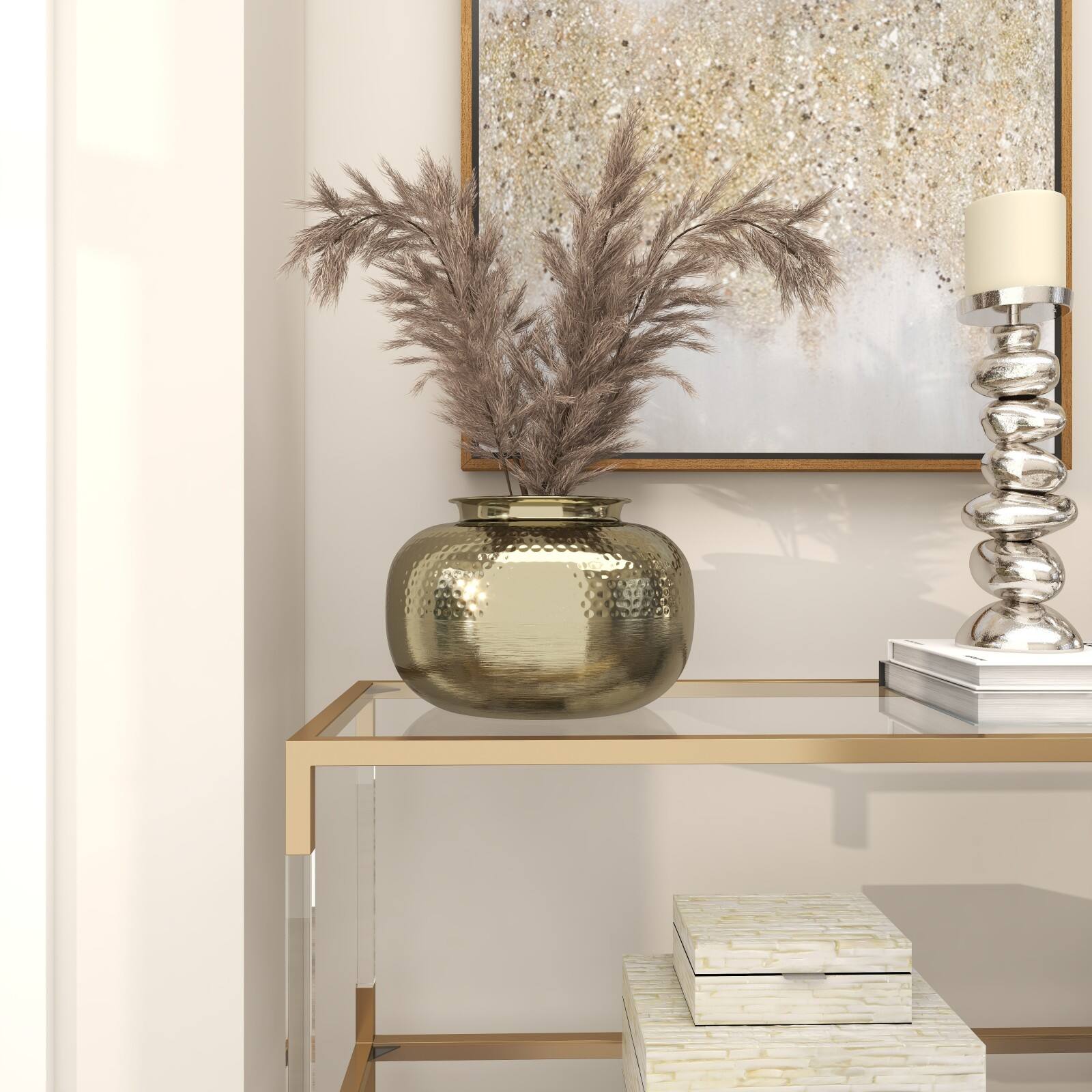 8&#x22; Gold Aluminum Brushed Vase with Hammered Top