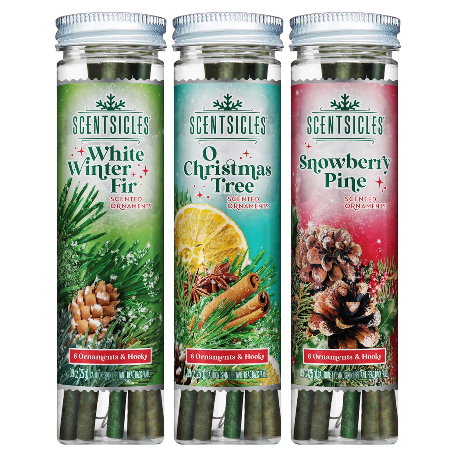 Scentsicles® 3 Pack White Winter Fir, O Christmas Tree & Snowberry Pine 6 Piece Scented Ornament Sticks