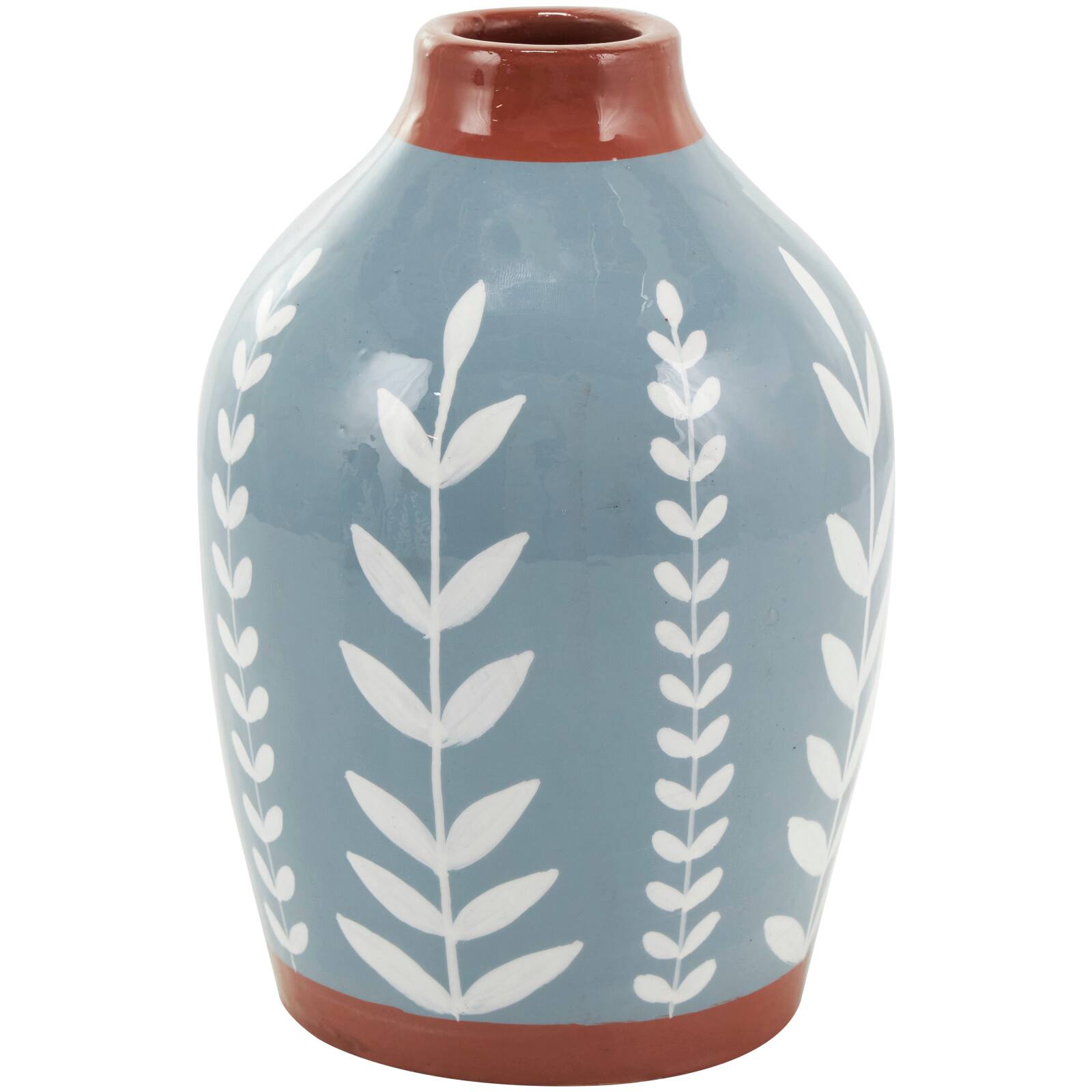 9" Blue Ceramic Floral Vase with Terracotta & White Detailing Set