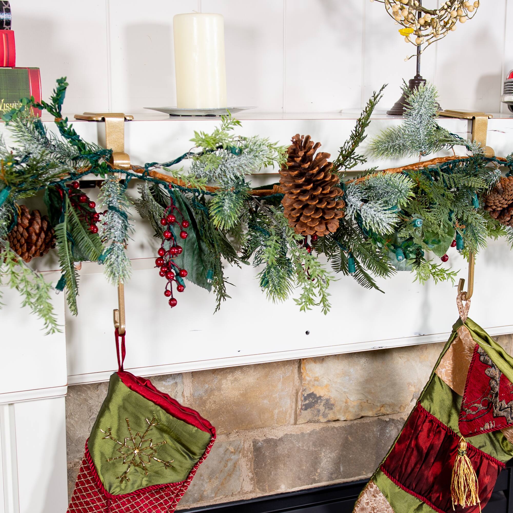 village lighting mantle garland and stocking hanger